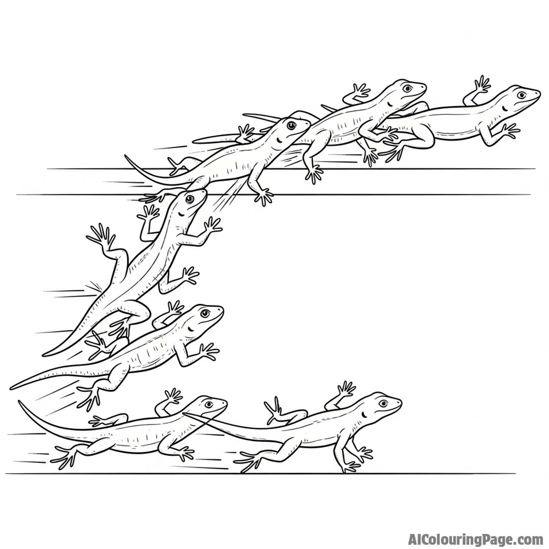 A time-lapse photo sequence of a lizard running across a flat surface.