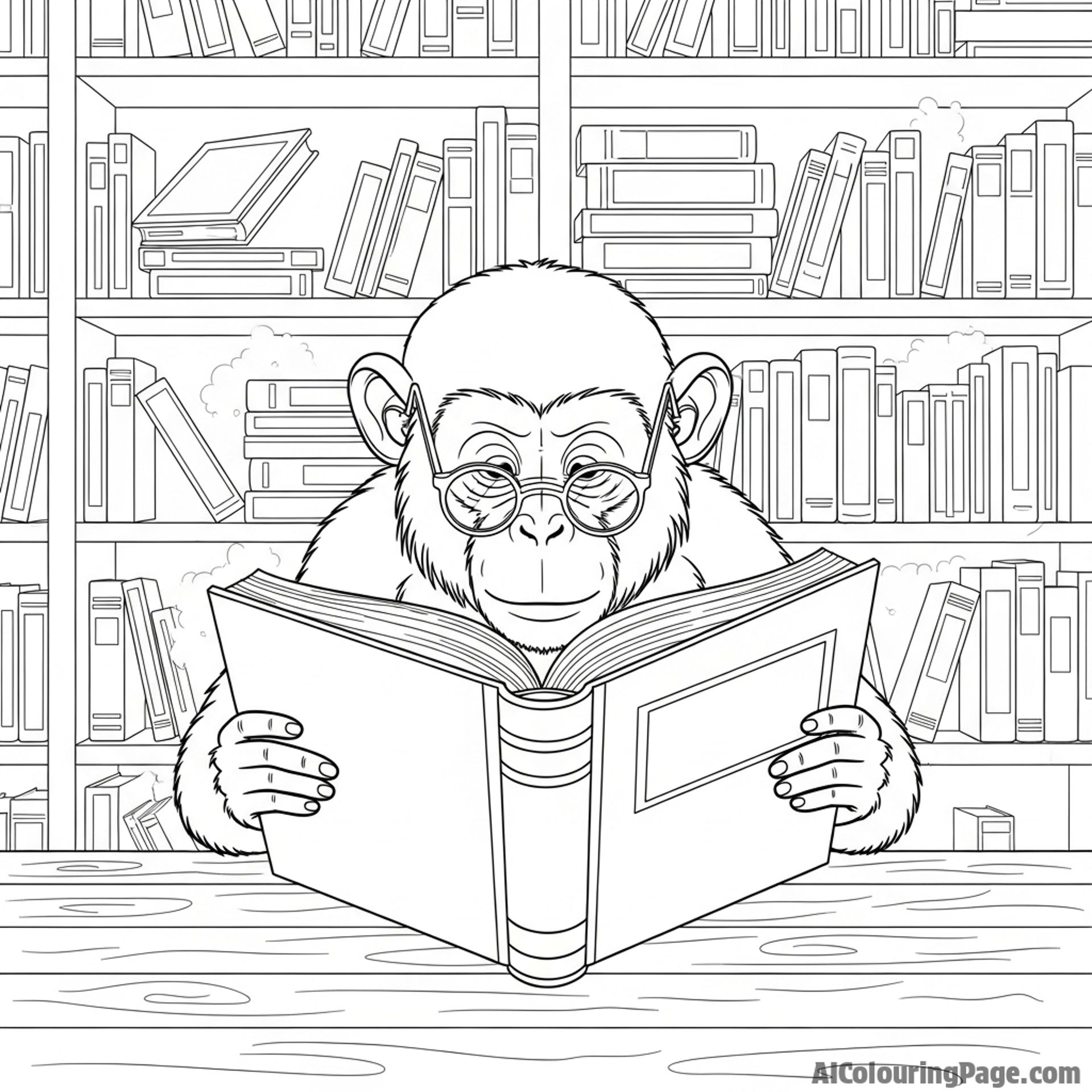A monkey wearing spectacles, deeply engrossed in reading a large book in a dusty library.