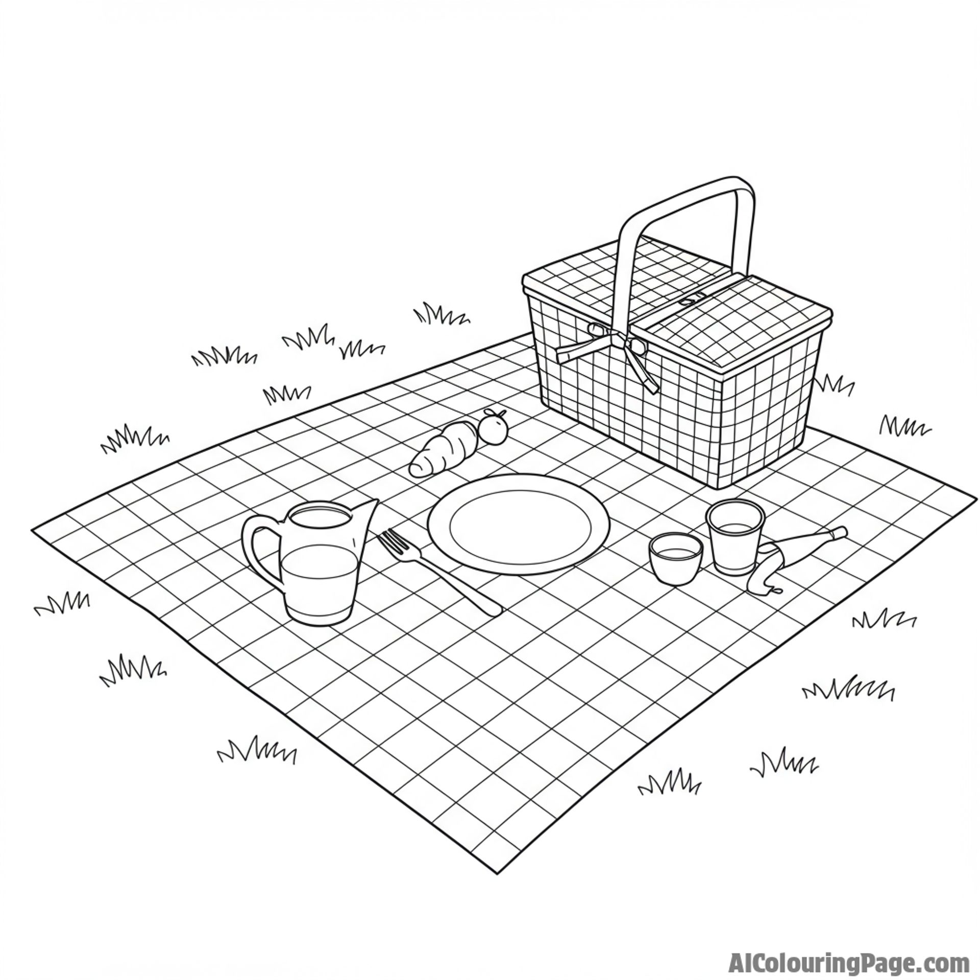 An outdoor picnic scene with a checkered blanket and woven basket.