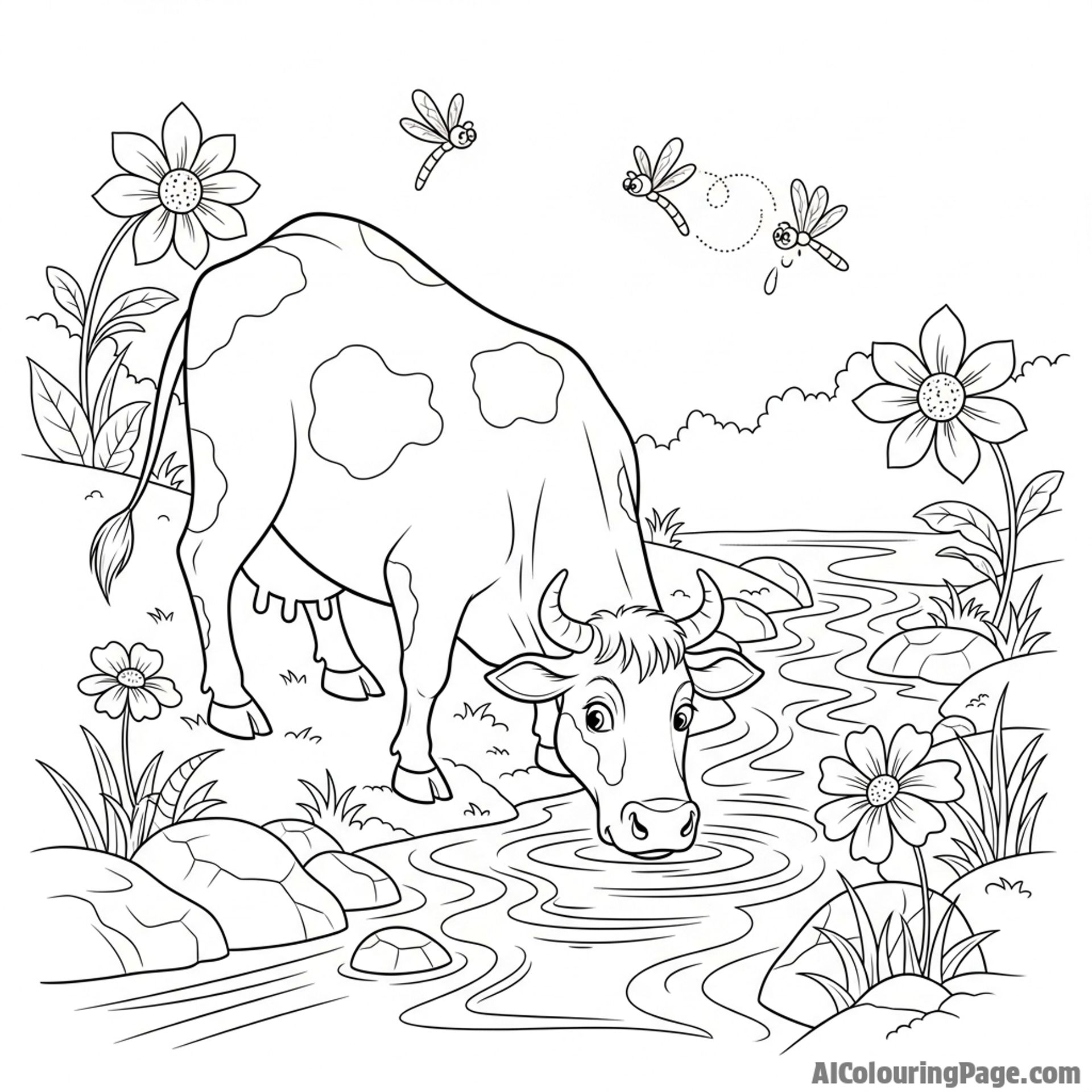 A cow drinking water from a shimmering stream, photorealistic.