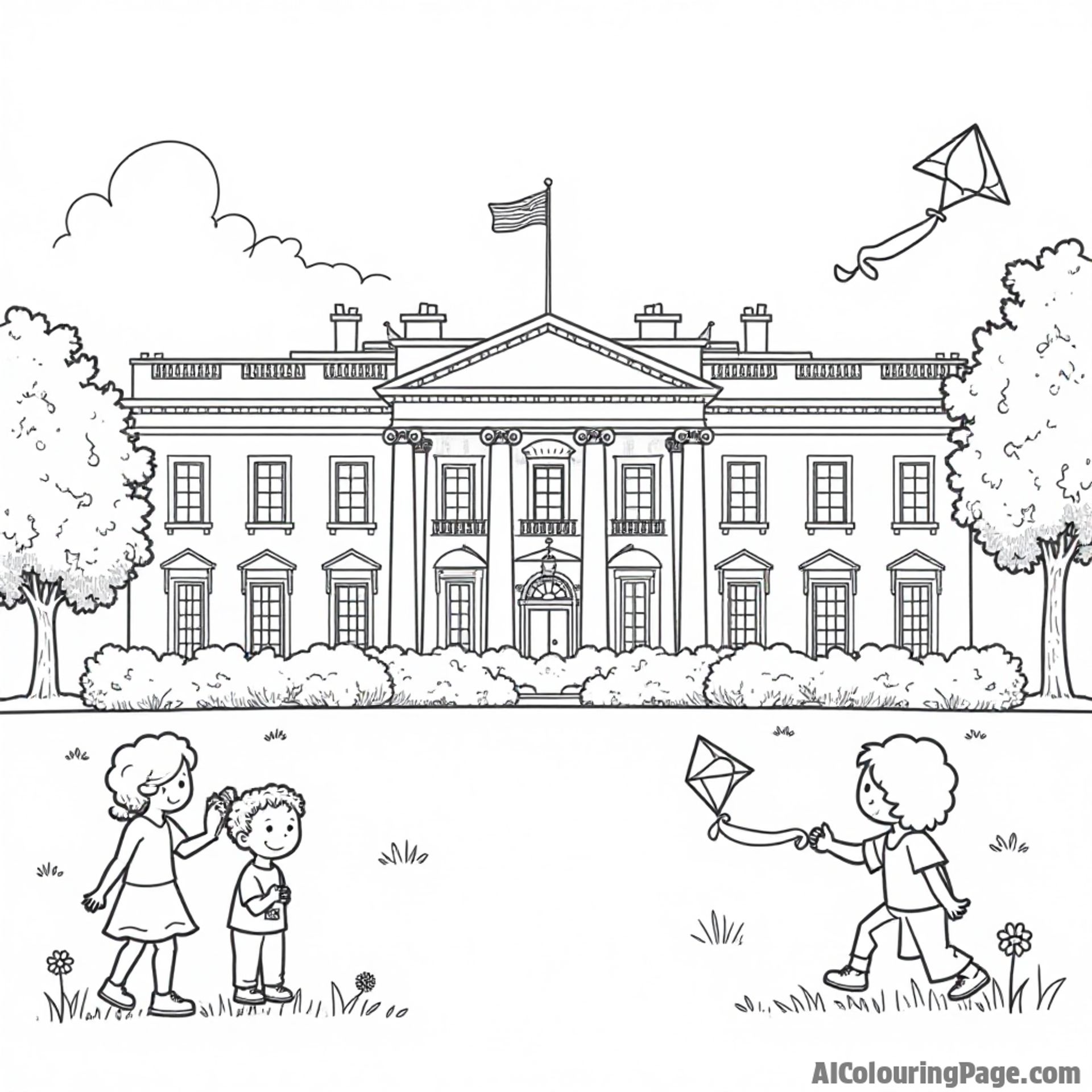 An outline of the White House with a garden, featuring kids playing and flying kites on a sunny day.