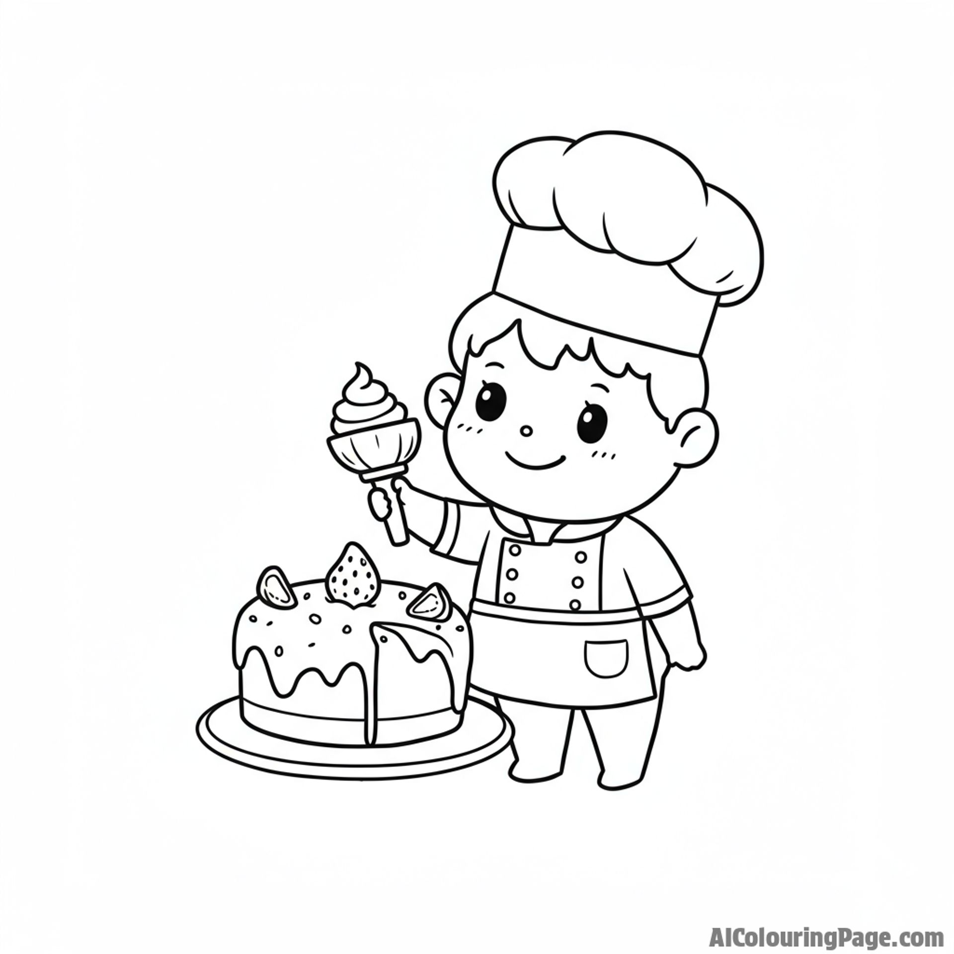 tiny strawberry baker, frosting a cake