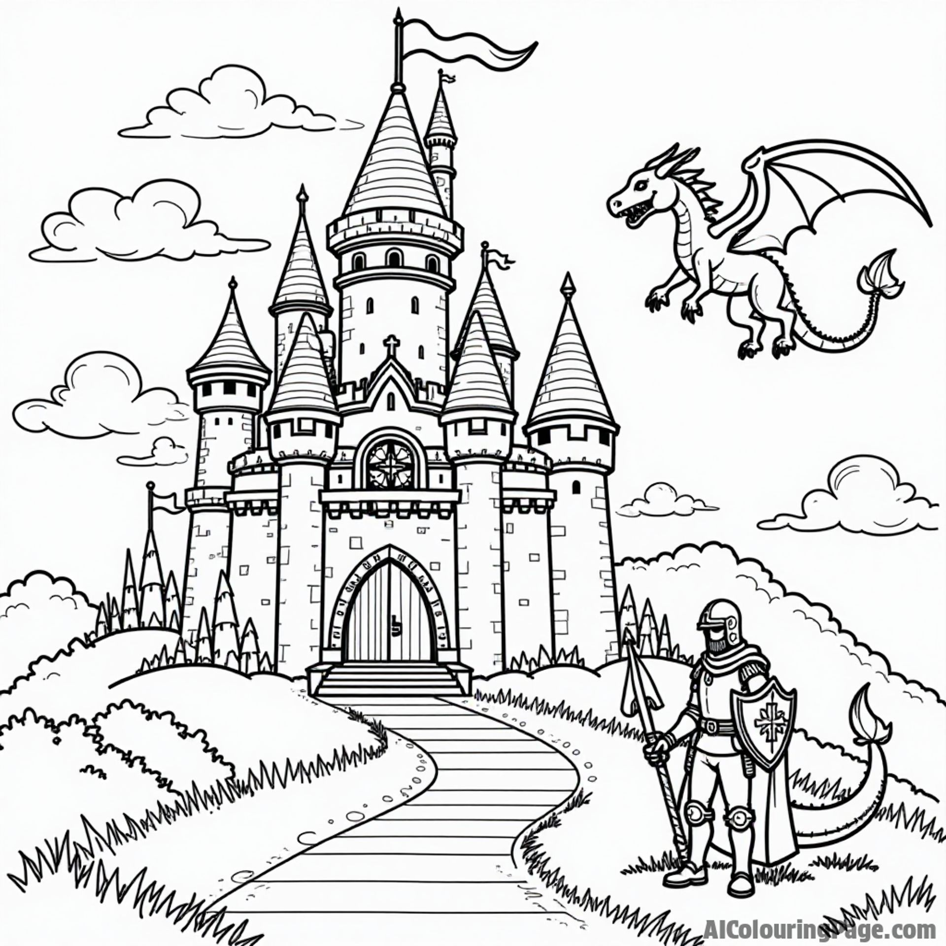 An enchanting castle with a giant compass in the foreground, a brave knight, and a magical dragon, all waiting for young artists to color their royal adventure.
