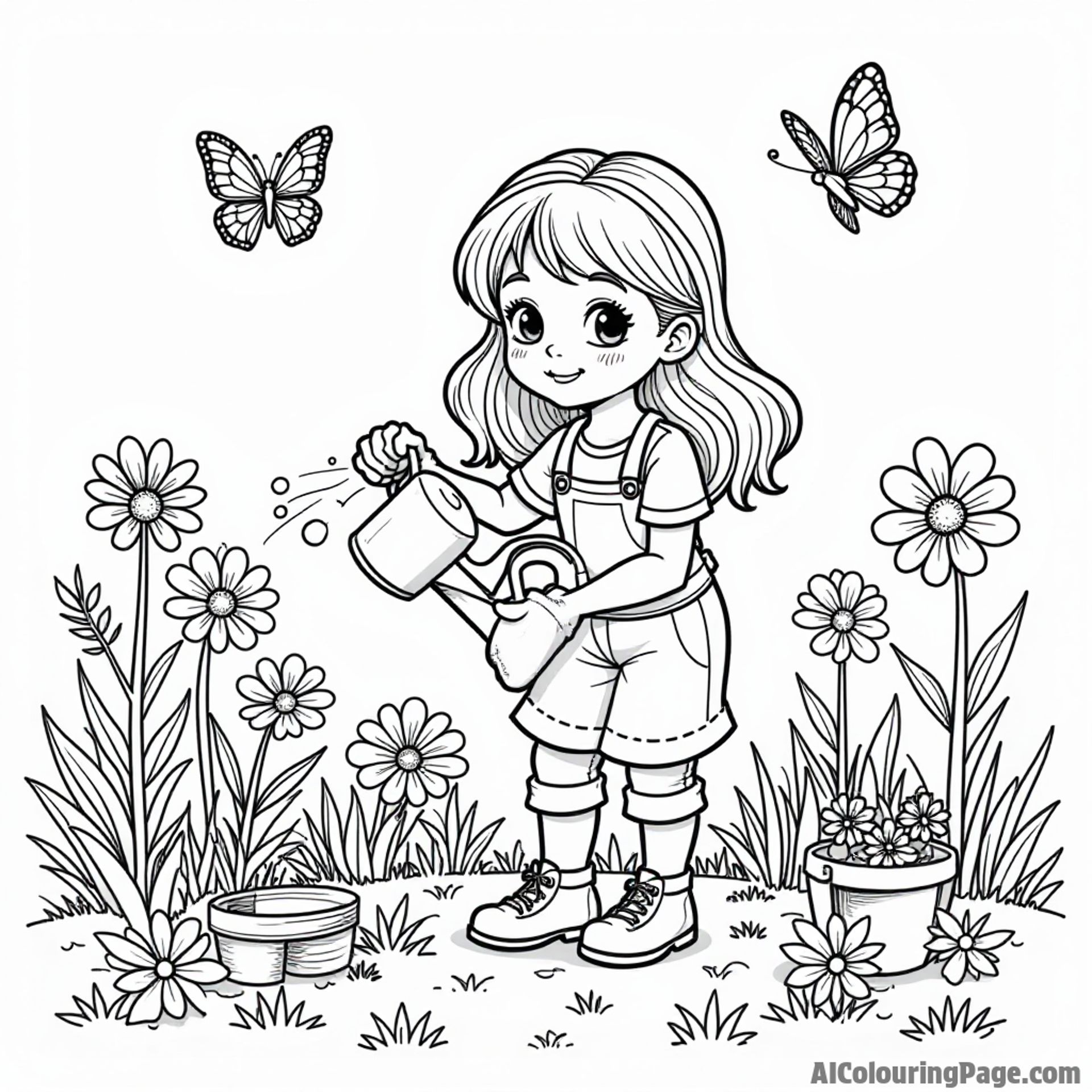 Amy Rose gardening in her backyard, planting colorful flowers, with a watering can and cheerful butterflies fluttering about.