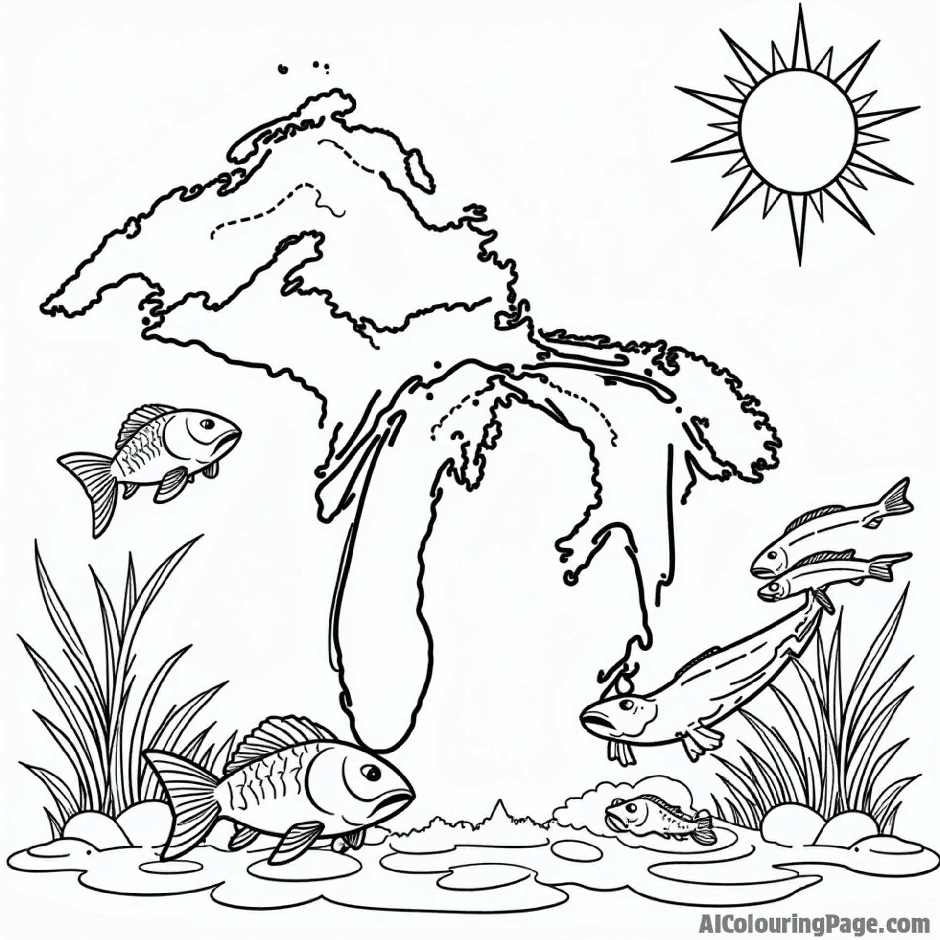 An outline of the Great Lakes map featuring Michigan, surrounded by playful fish and a cheerful sun for kids.