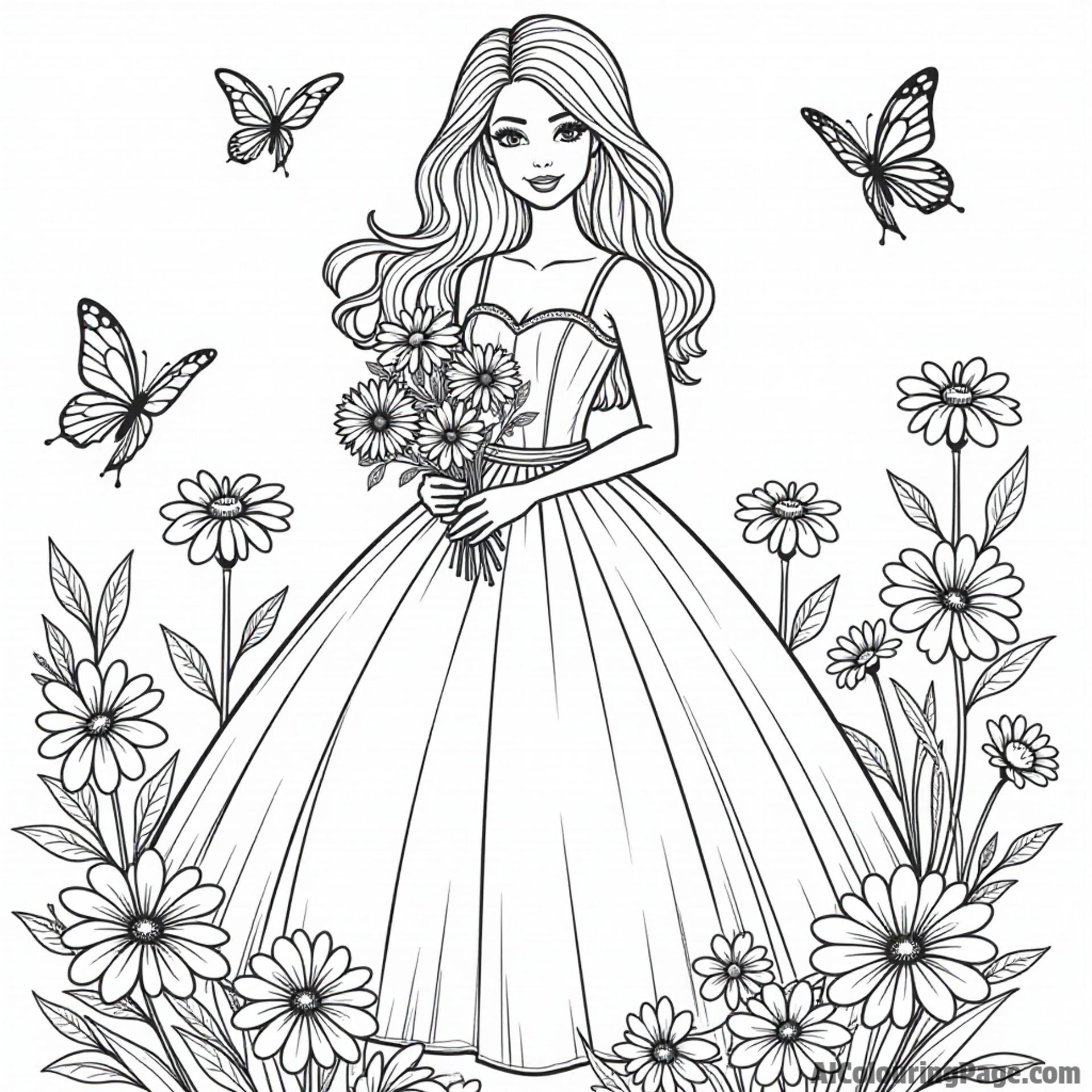 Barbie in a beautiful garden surrounded by flowers and butterflies, wearing a lovely dress, holding a bouquet of daisies.