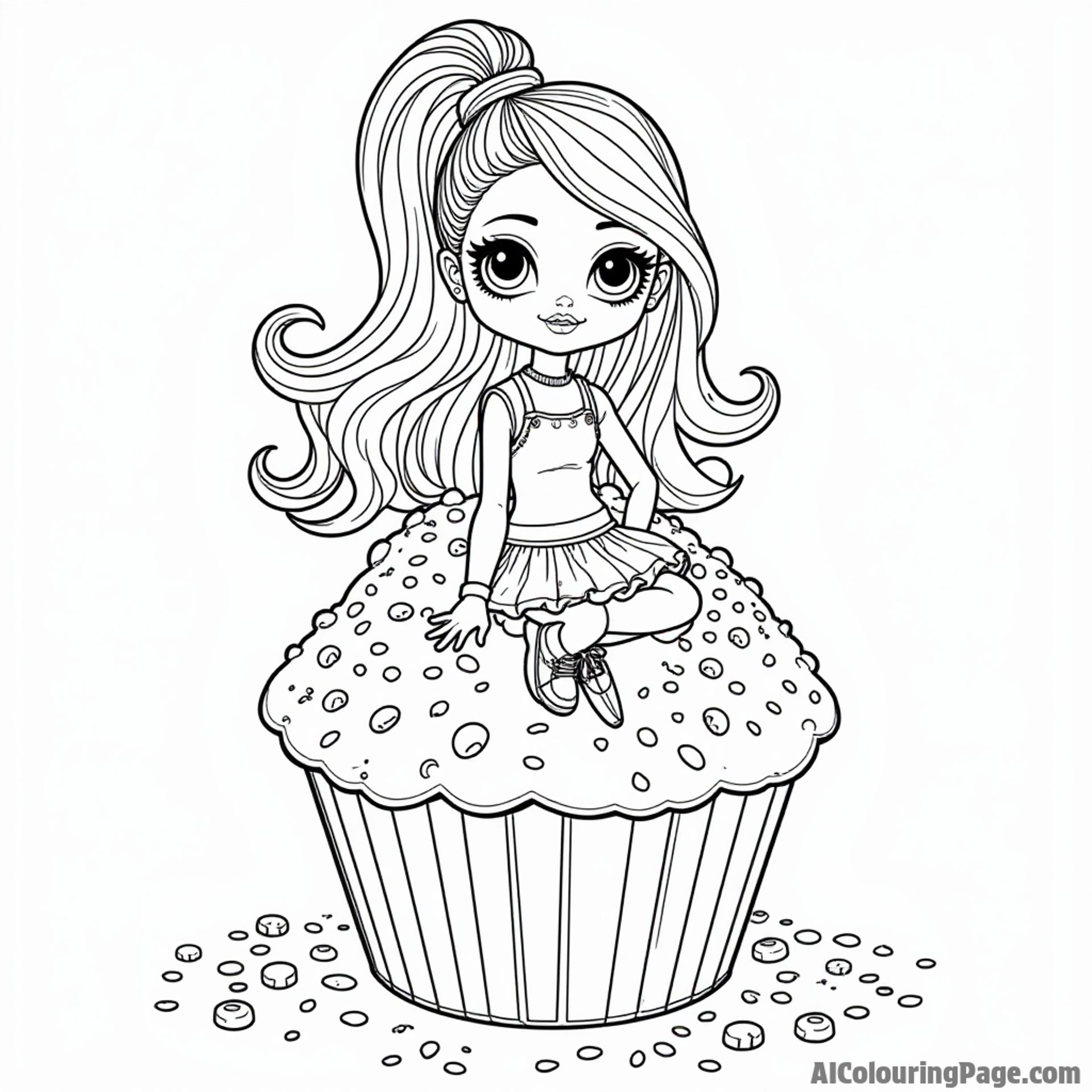 A fashionable doll wearing a trendy outfit, sitting on a giant cupcake surrounded by sprinkles and frosting decorations.