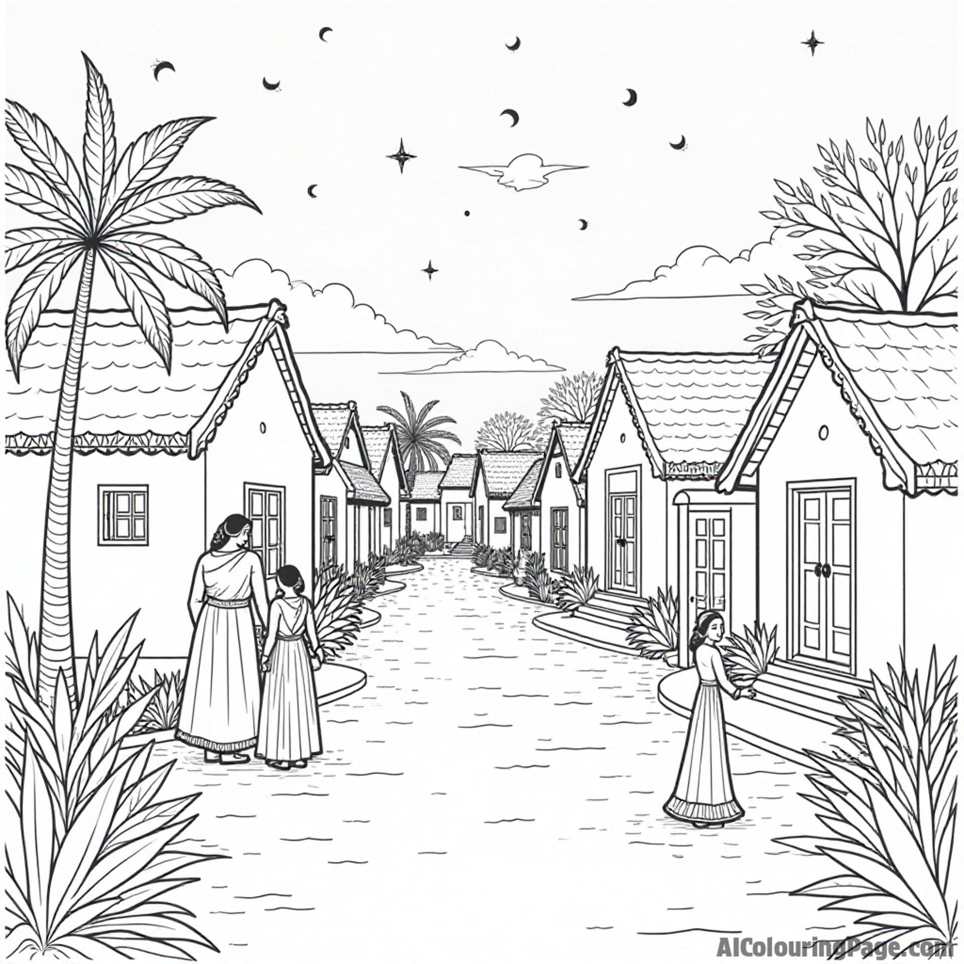 A picturesque village scene at night, with homes lit by diyas and families celebrating together, radiating warmth and unity during Diwali festivities, ideal for Festivals and Traditions Coloring Sheets.