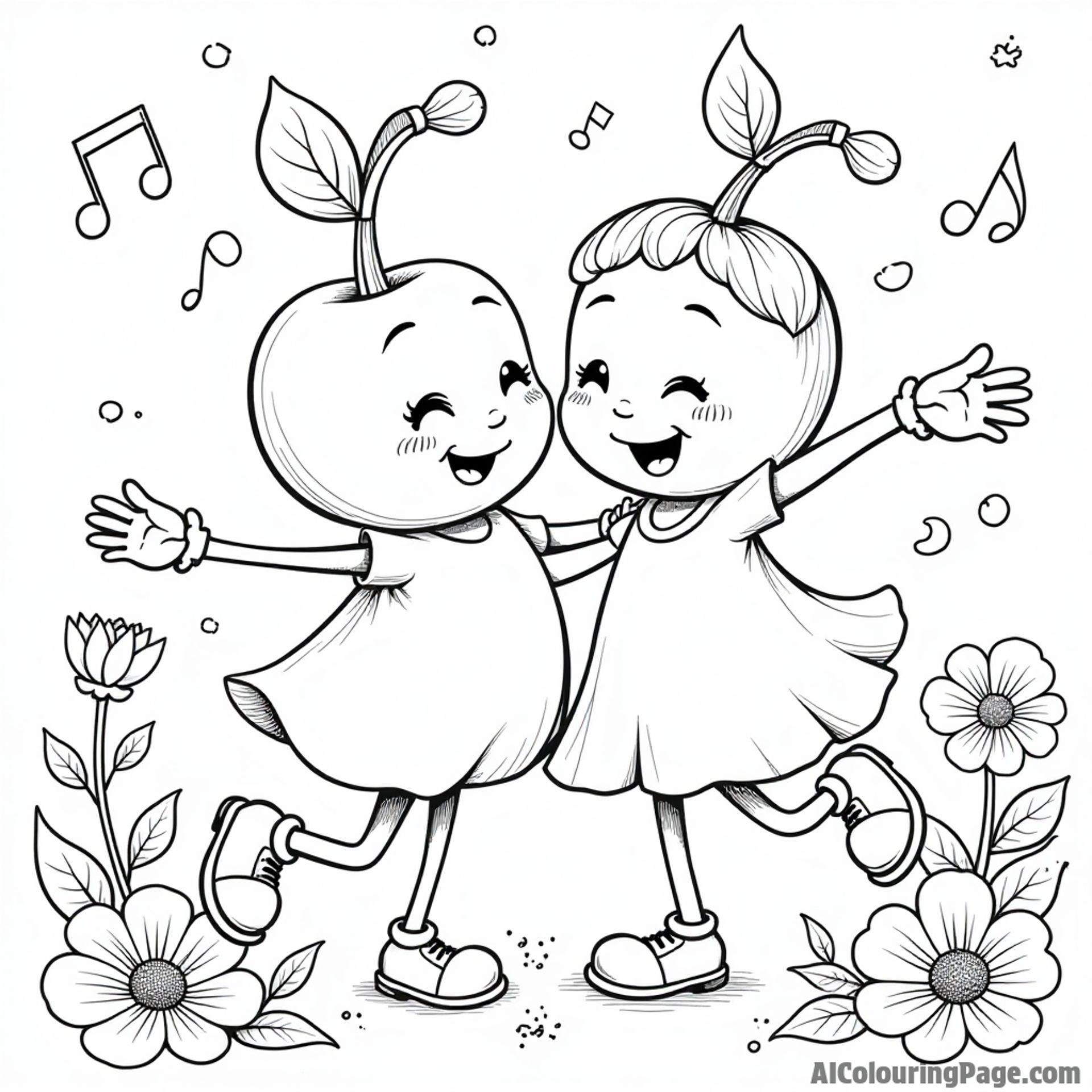 A playful cherry couple dancing together, surrounded by musical notes and flowers in a vibrant garden scene.