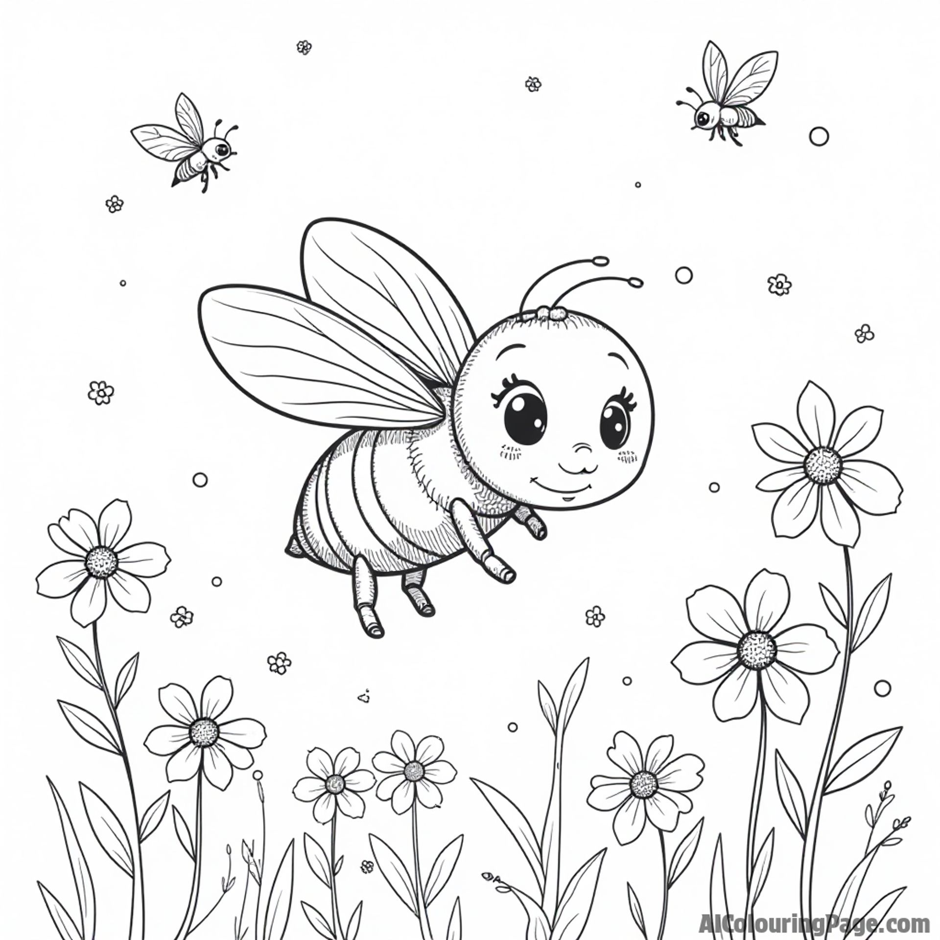 A cute baby bee learning to fly with the help of its mother, surrounded by flowers and friendly insects in the air.