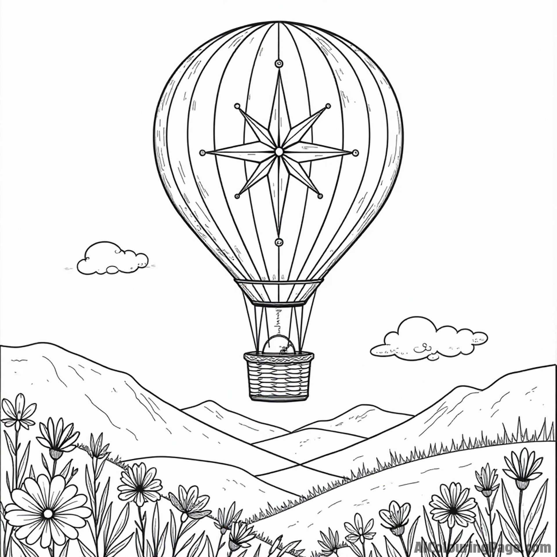 A whimsical hot air balloon with a compass design, floating over a picturesque landscape with hills and flowers, waiting for young artists to add color to this adventure.