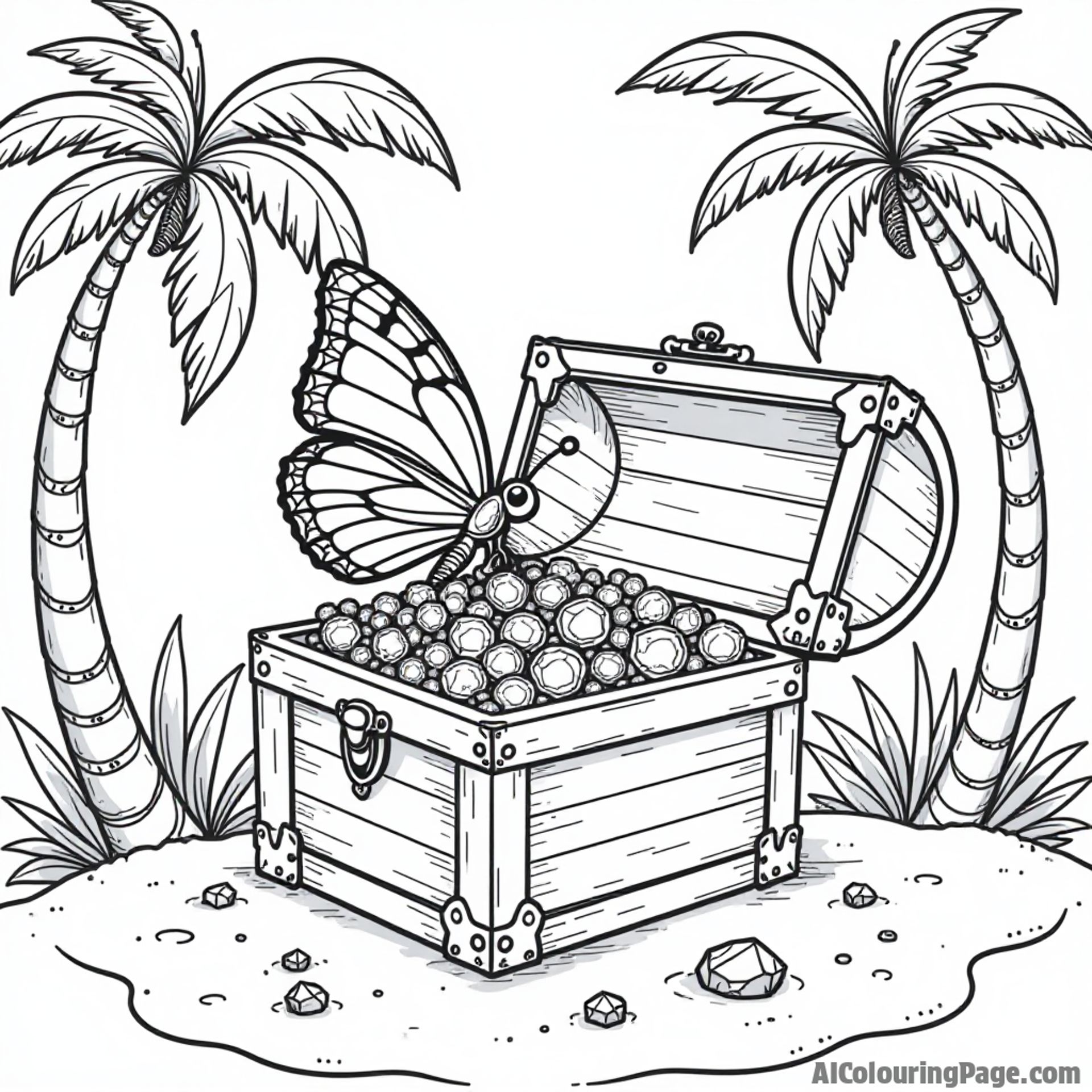A butterfly exploring a hidden treasure chest filled with shiny gems, surrounded by sand and palm trees for coloring fun.