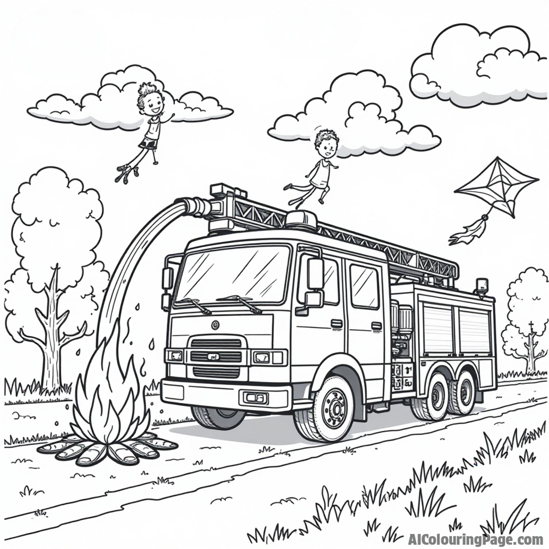 A fire truck spraying water onto a small fire in a park while kids fly kites nearby, creating a lively and engaging coloring page for children.