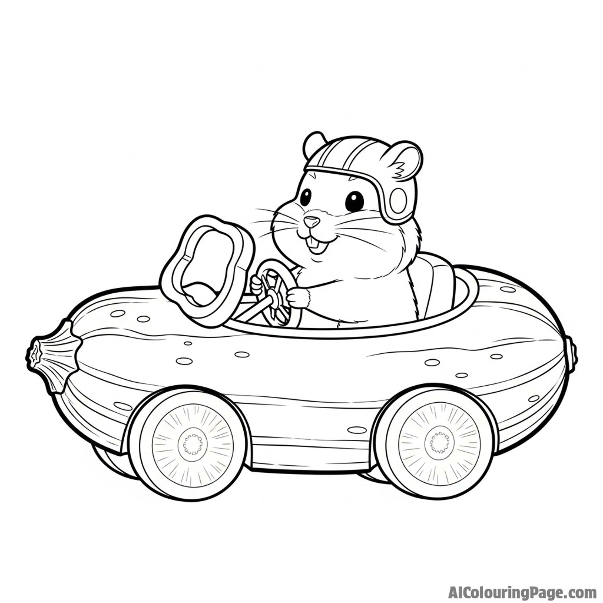 A whimsical illustration of a hamster driving a convertible car made from a vegetable