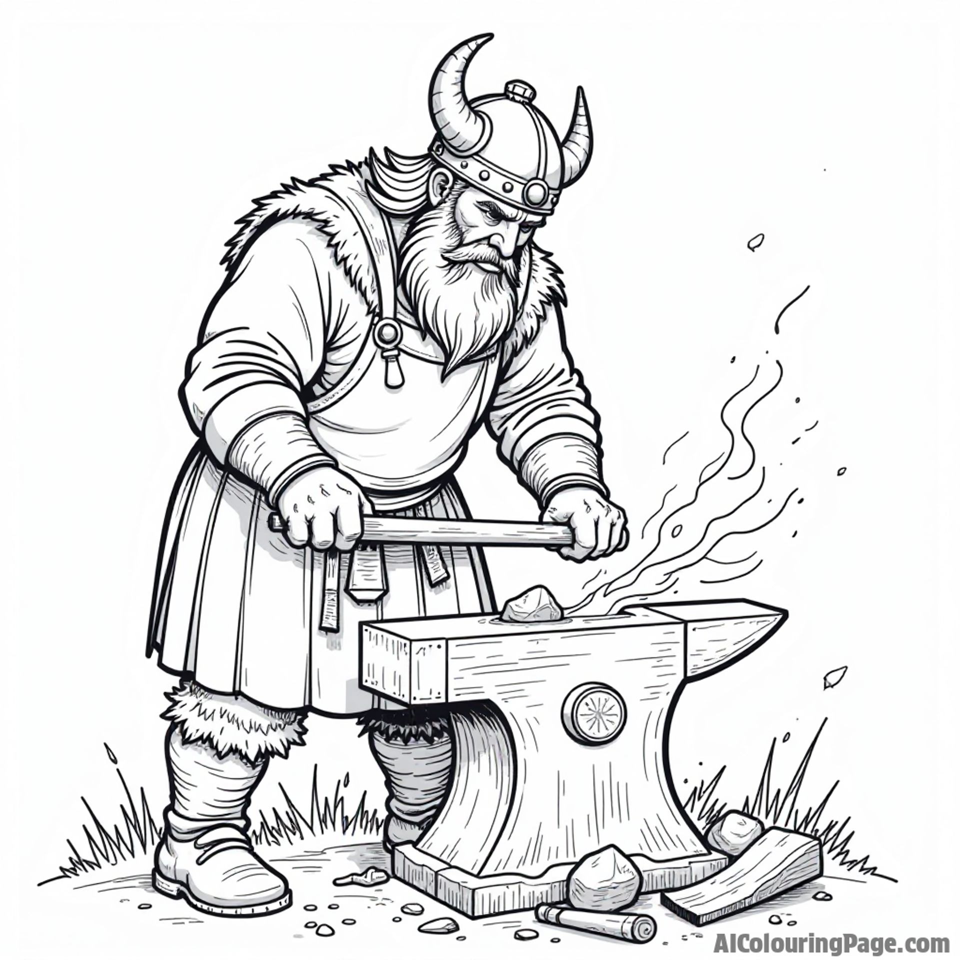A Viking blacksmith at work, hammering away on an anvil, with sparks flying and tools around, illustrating the craftsmanship of the Viking age for kids to color.