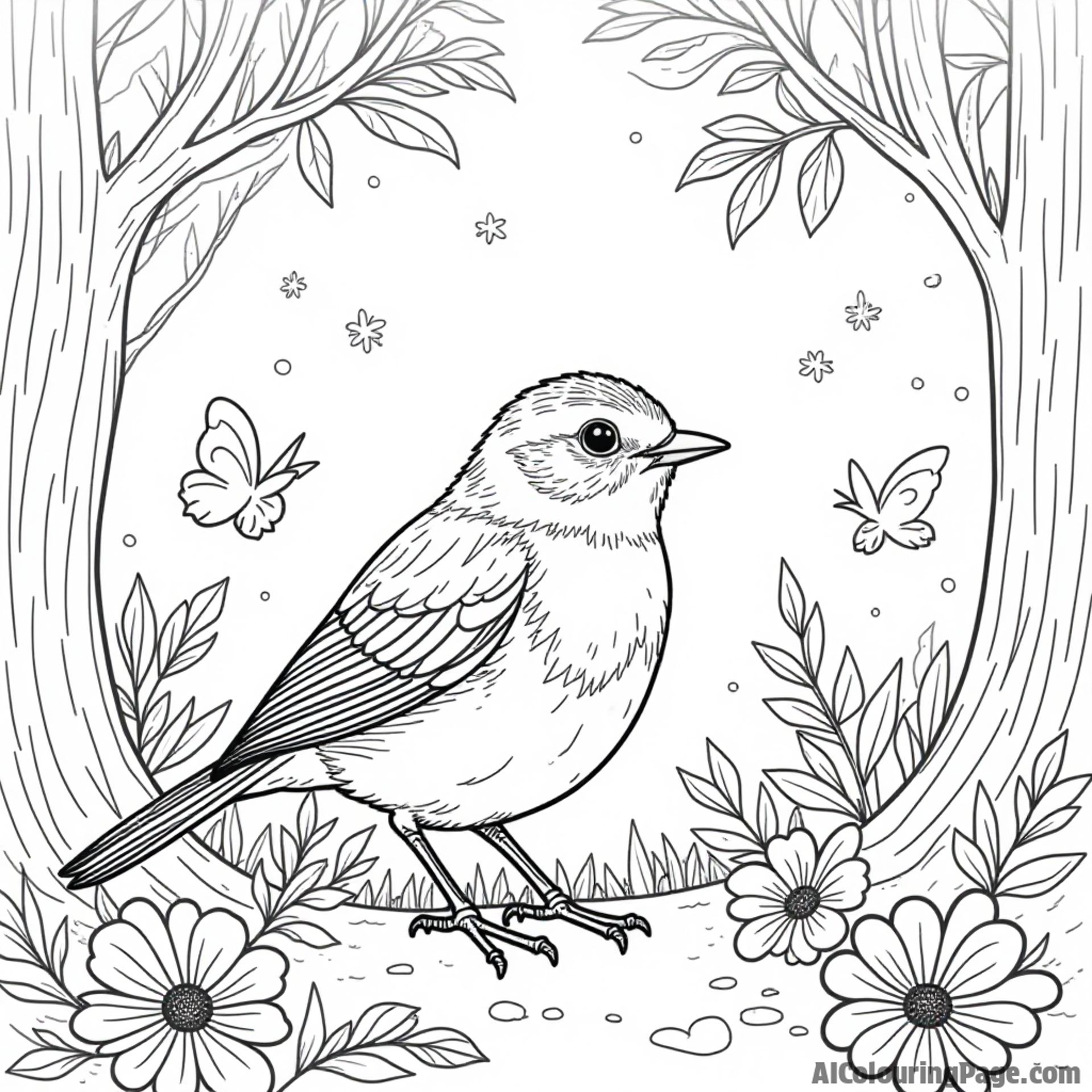 A robin in a magical forest surrounded by fairies and sparkling lights, creating an enchanting coloring experience for children.