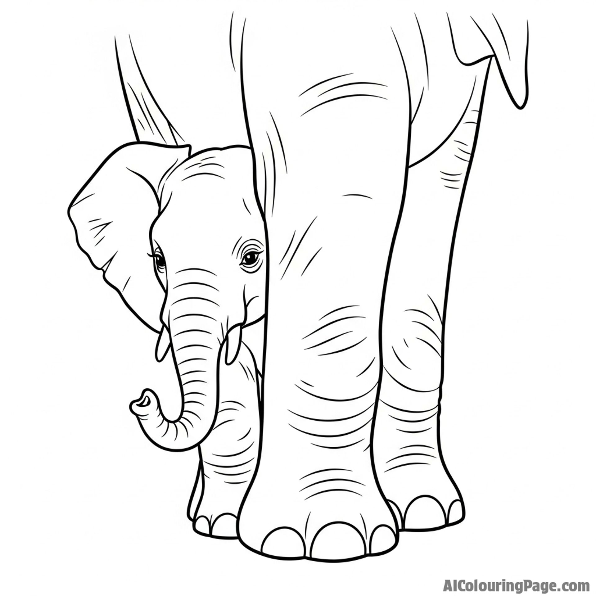A baby elephant hiding shyly behind its mother's powerful leg.