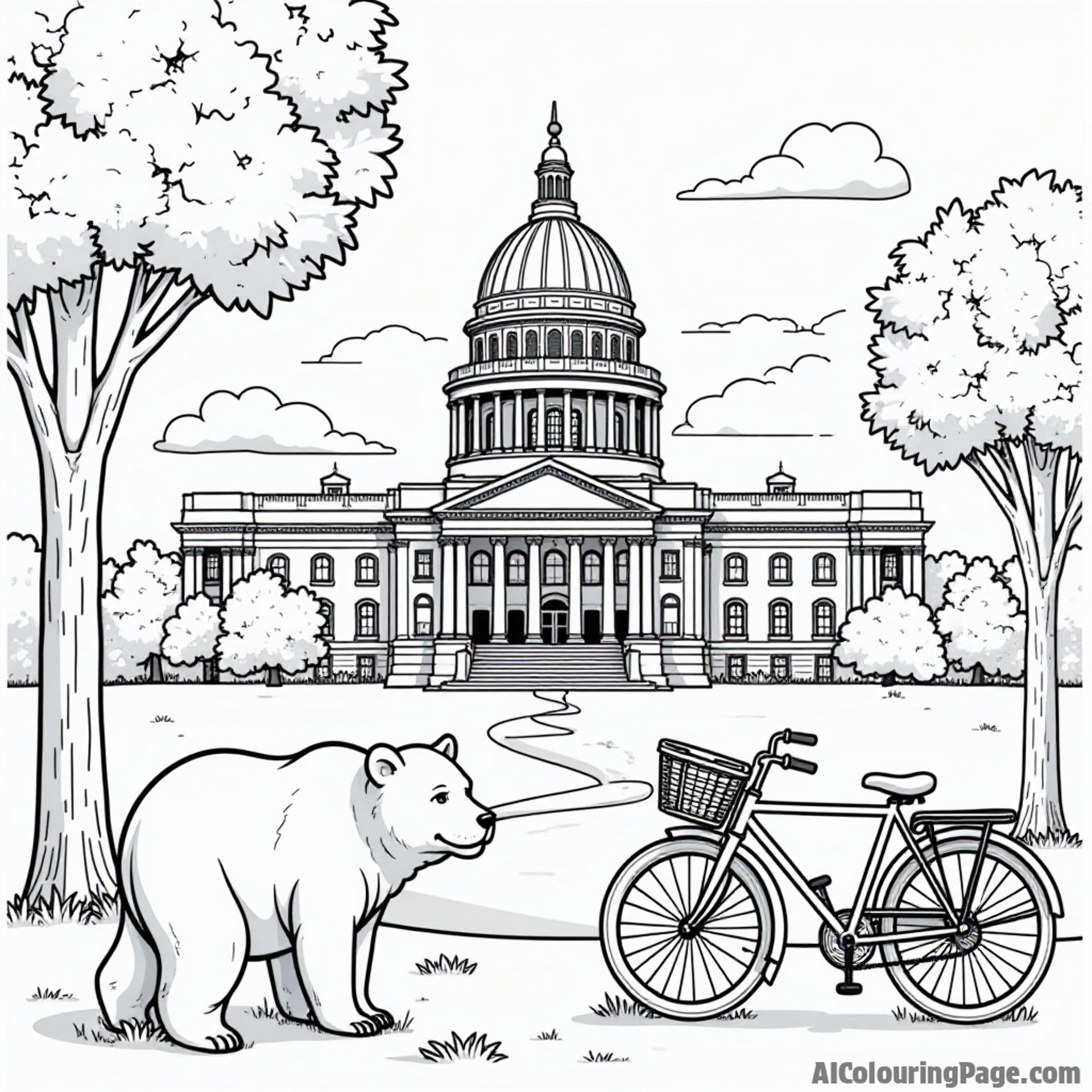 A scenic view of the Idaho state capitol building, with a friendly bear and a vintage bicycle in black and white.