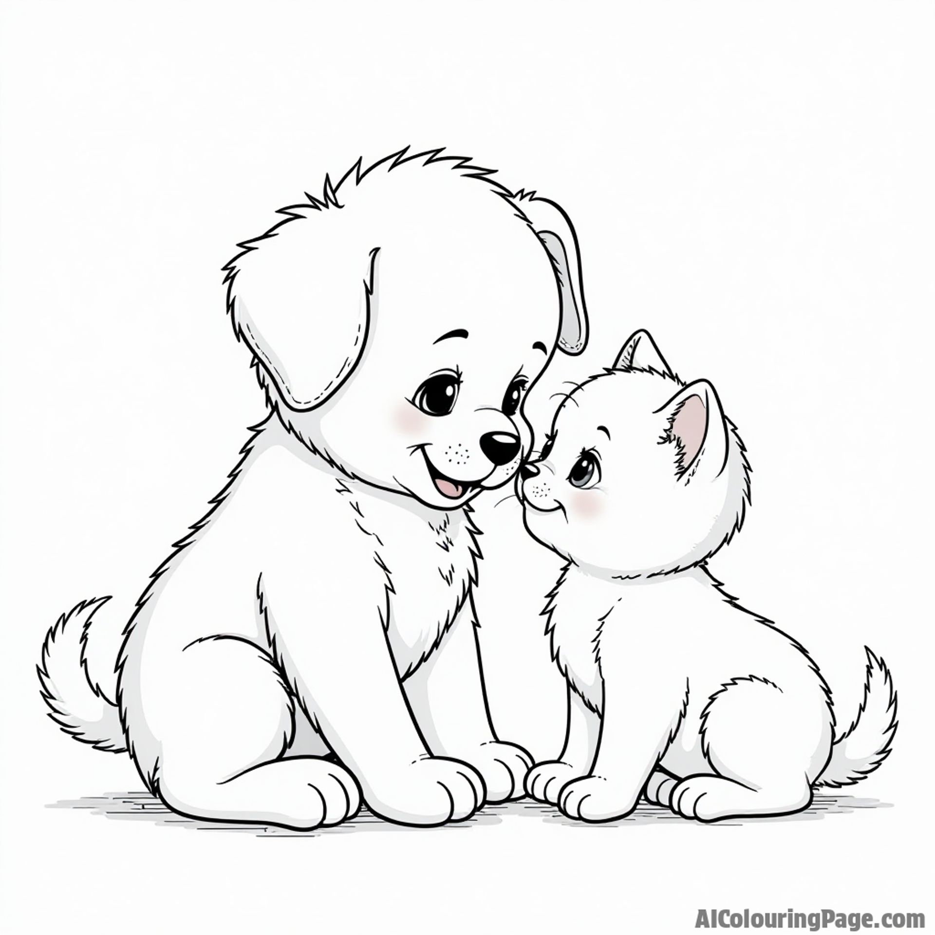 Coloring sheet of a puppy meeting a kitten, friendly interaction, gentle expressions.