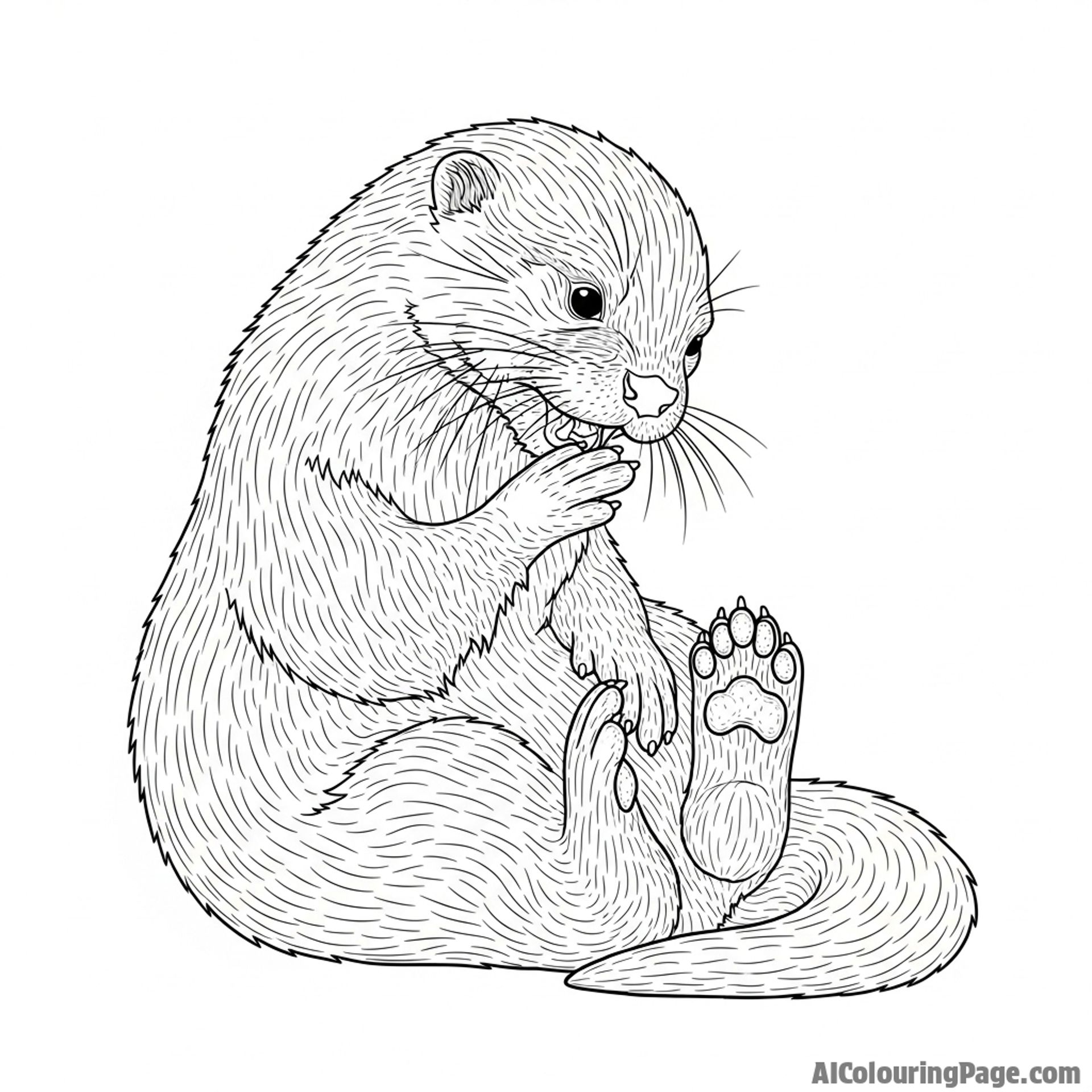A highly detailed charcoal sketch of an otter meticulously grooming its fur.