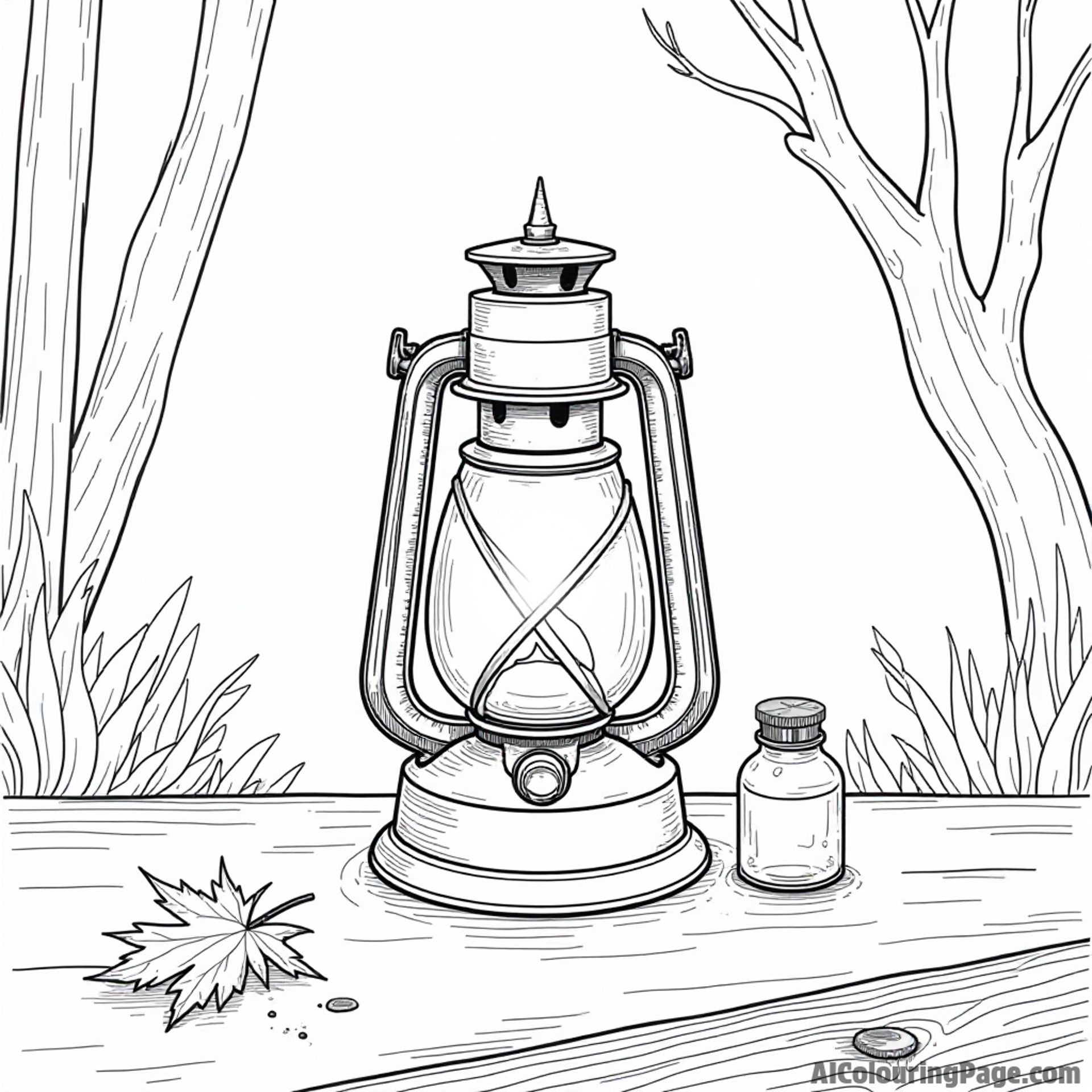 An enchanted lantern glowing softly on a table with a few scattered autumn leaves and a tiny potion bottle.