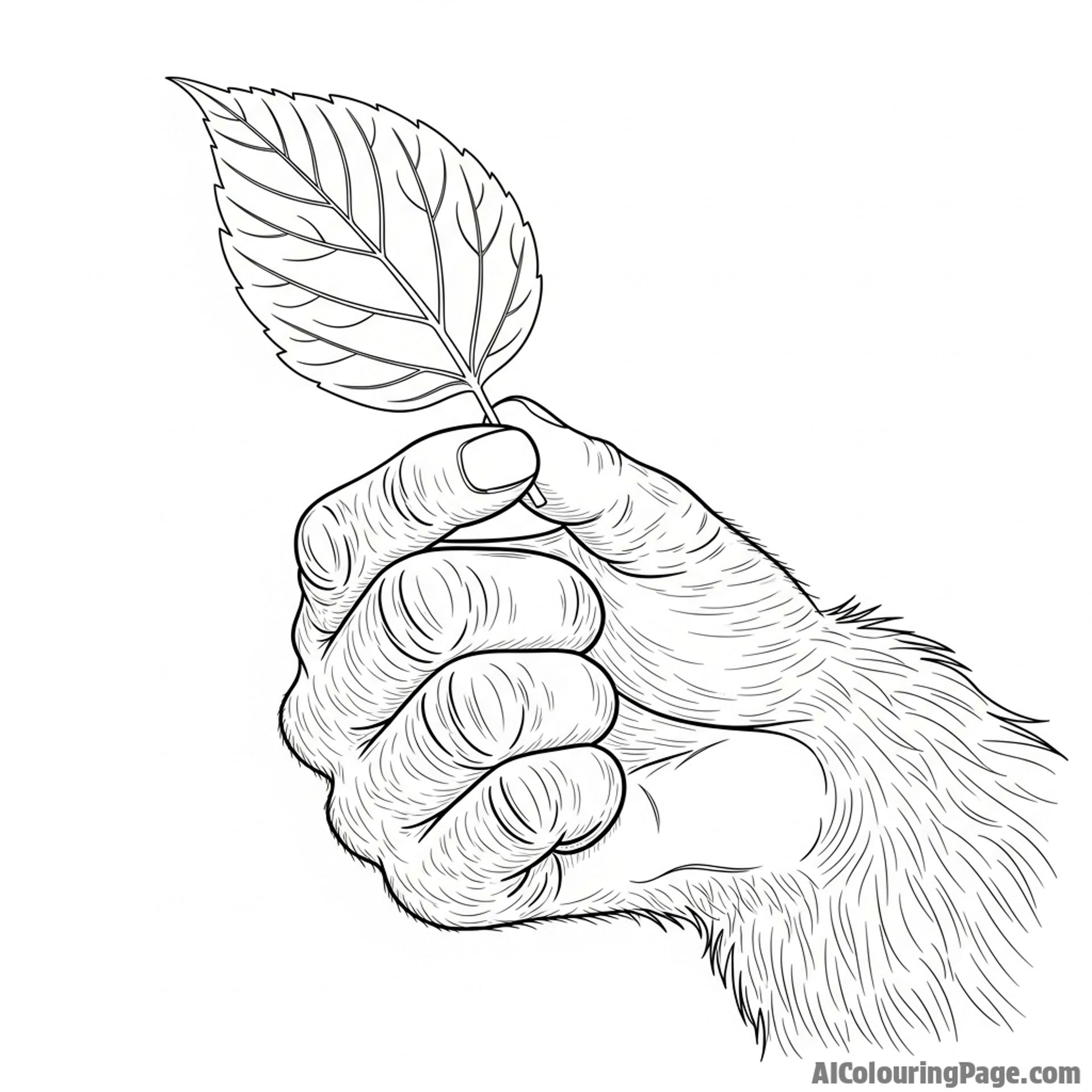 A detailed close-up of a chimpanzee's hand holding a delicate leaf.