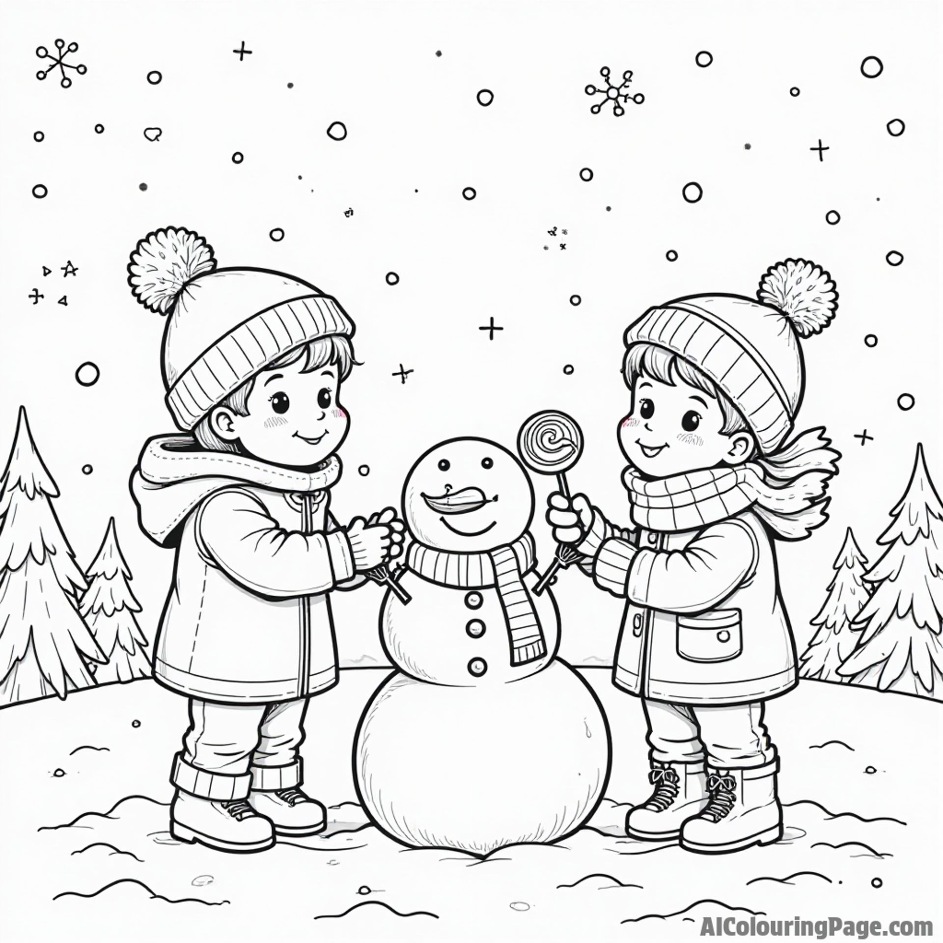 A delightful winter scene with snowflakes falling, children making snowmen, and holding lollipops while sipping hot cocoa nearby