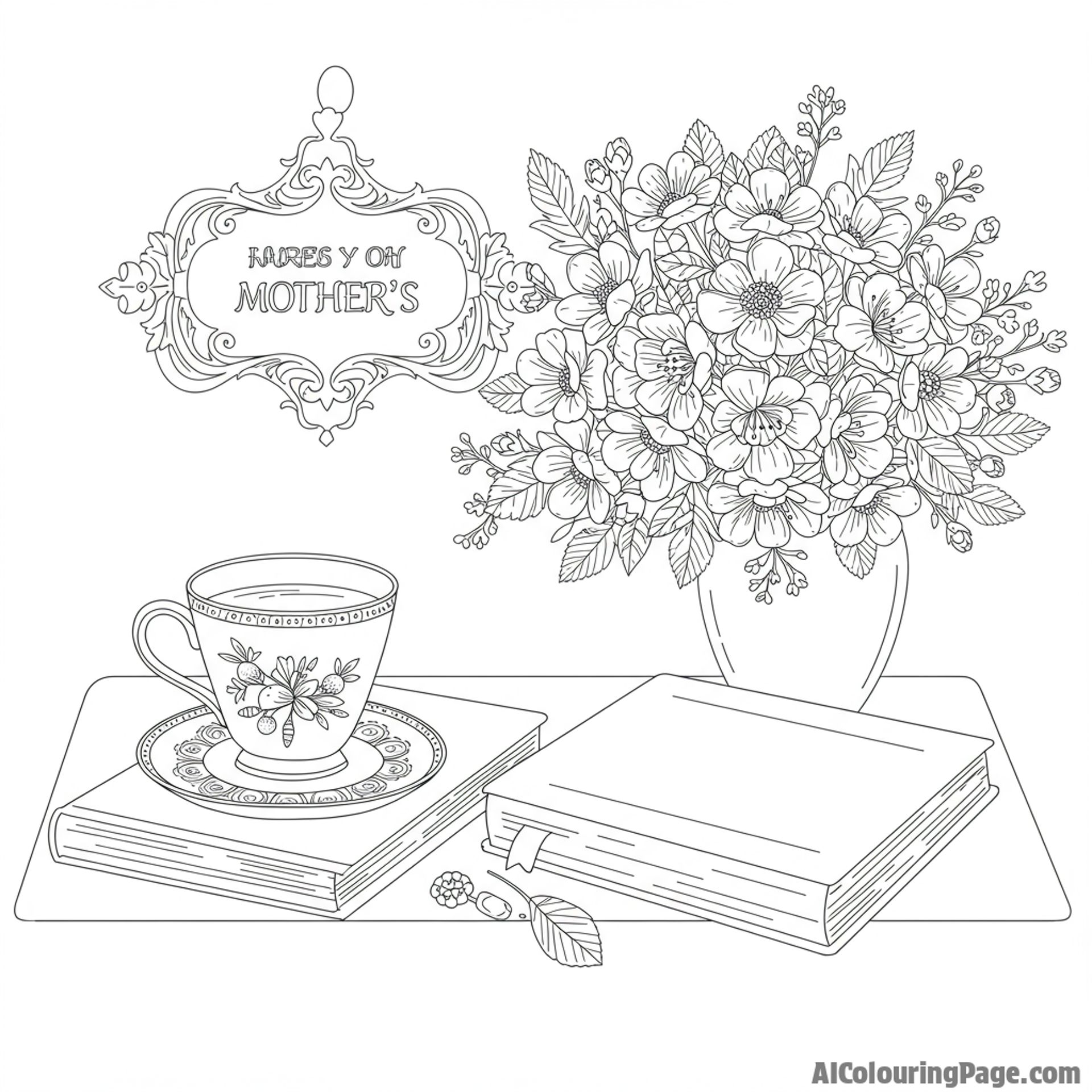 A still life of a teacup, a book, and a bouquet of flowers, symbolizing relaxation for Mother's Day.