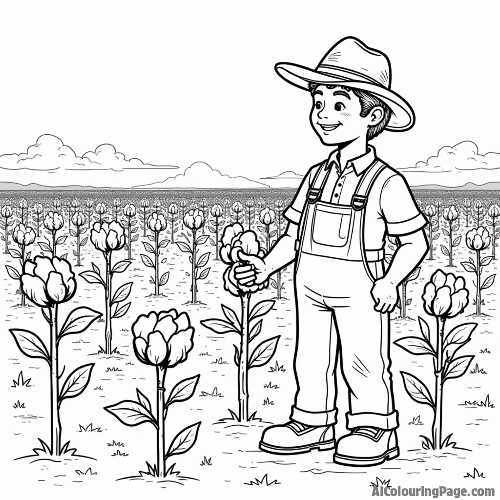 A playful cotton field scene with fluffy cotton bolls and a cheerful farmer, highlighting Mississippi's agricultural heritage in black and white.