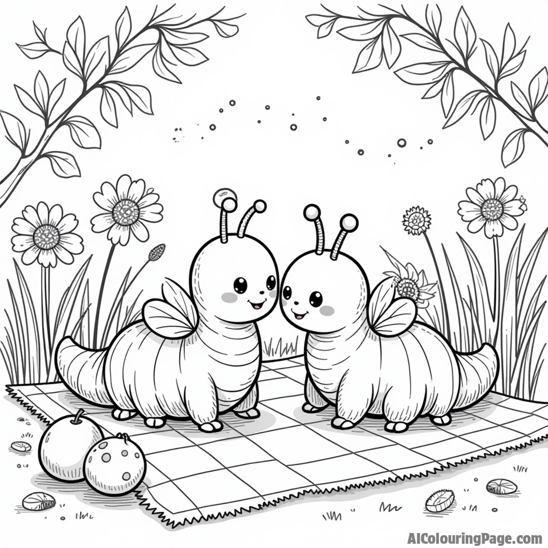 A caterpillar and a ladybug sharing a picnic on a checkered blanket with fruits and flowers in the background.