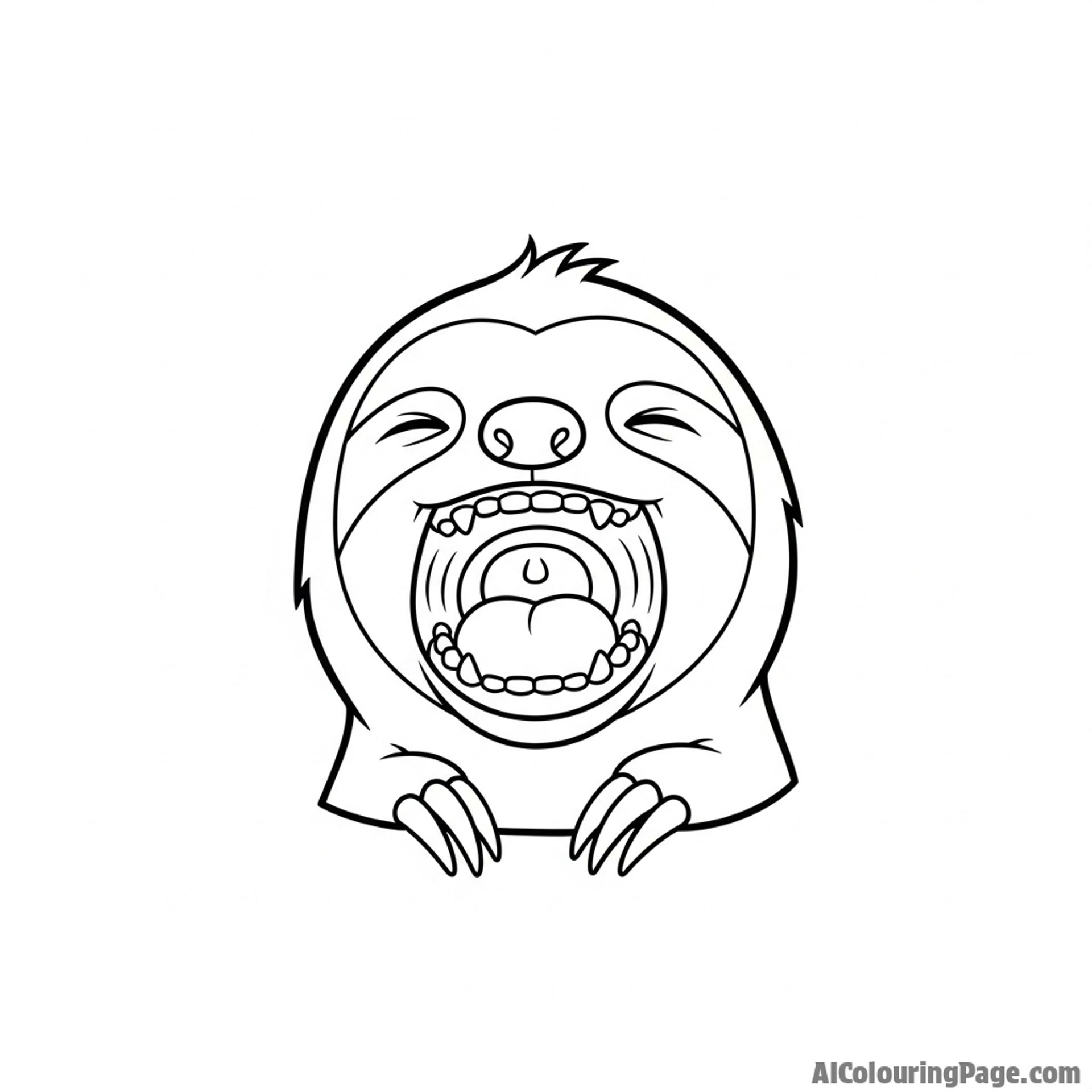 A photorealistic sloth yawning widely, its mouth open in a silent roar.
