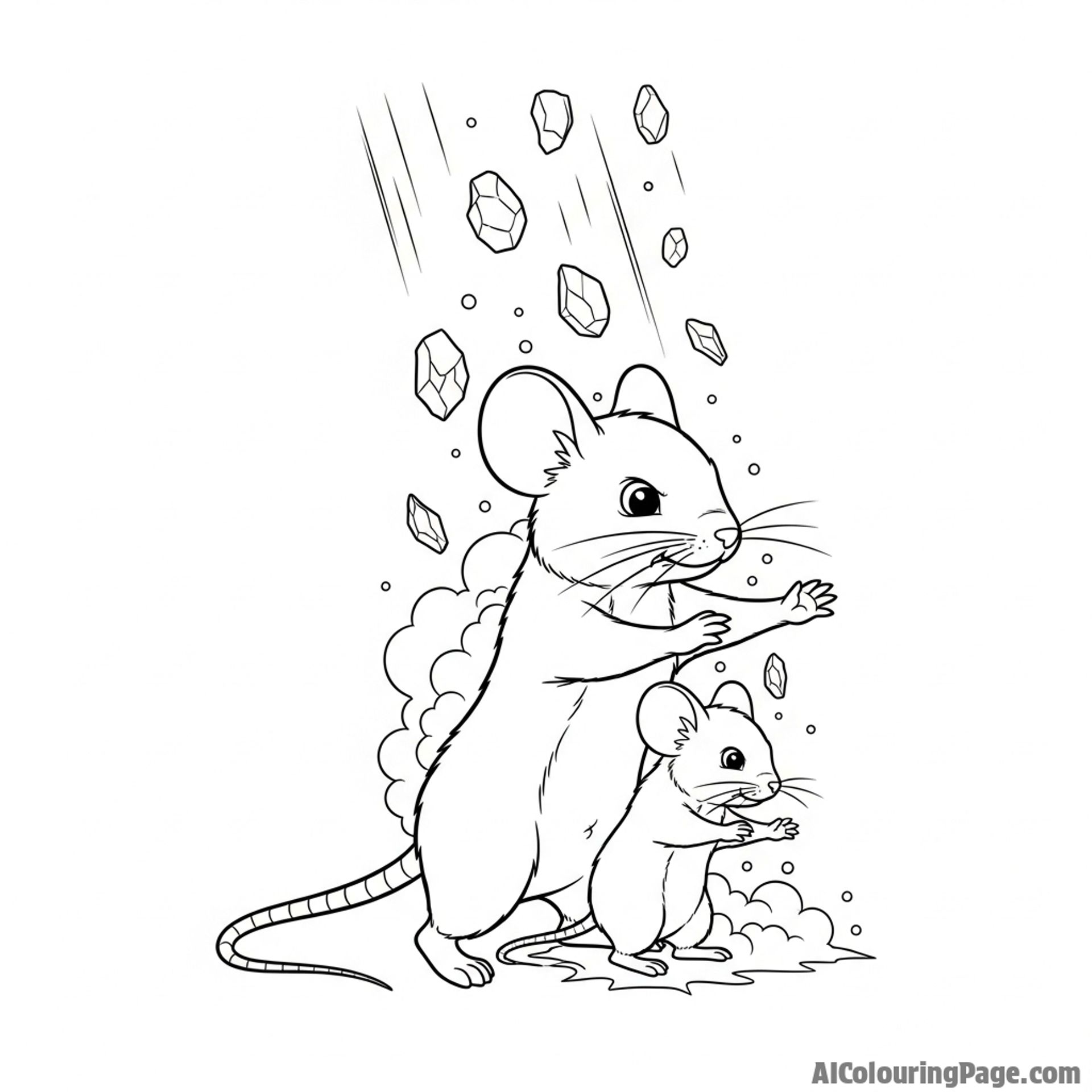 A mouse heroically shielding a smaller mouse from falling dust and debris.