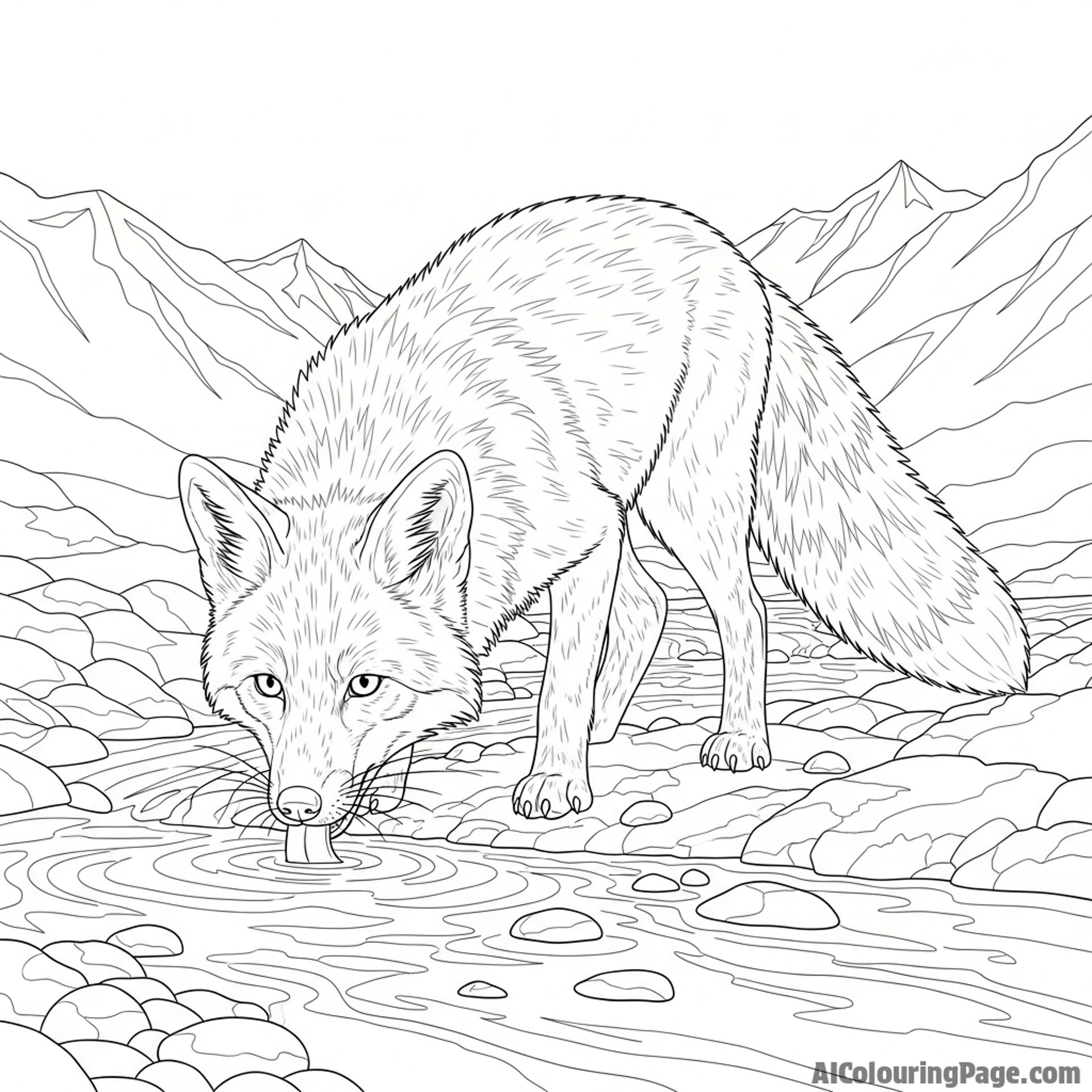 A fox drinking from a crystal-clear, fast-flowing mountain stream.