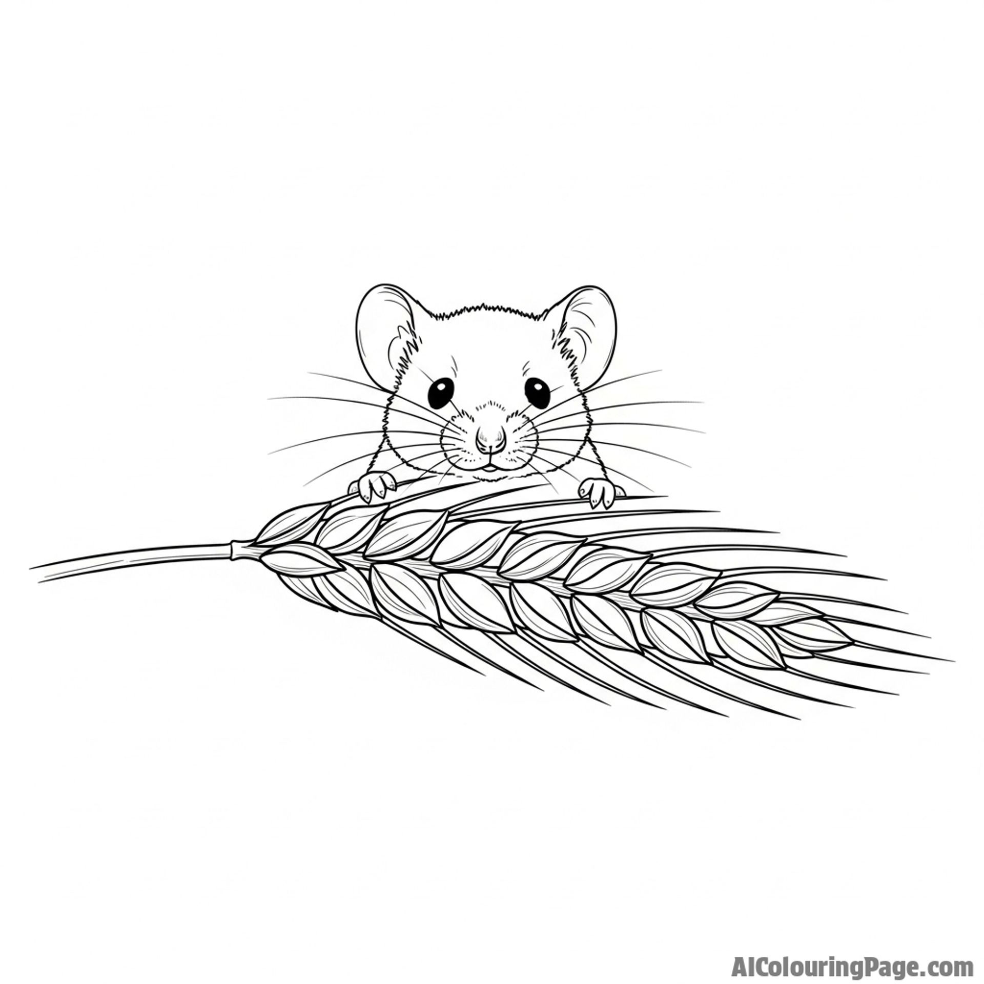 A tiny field mouse peeking out from a stalk of wheat