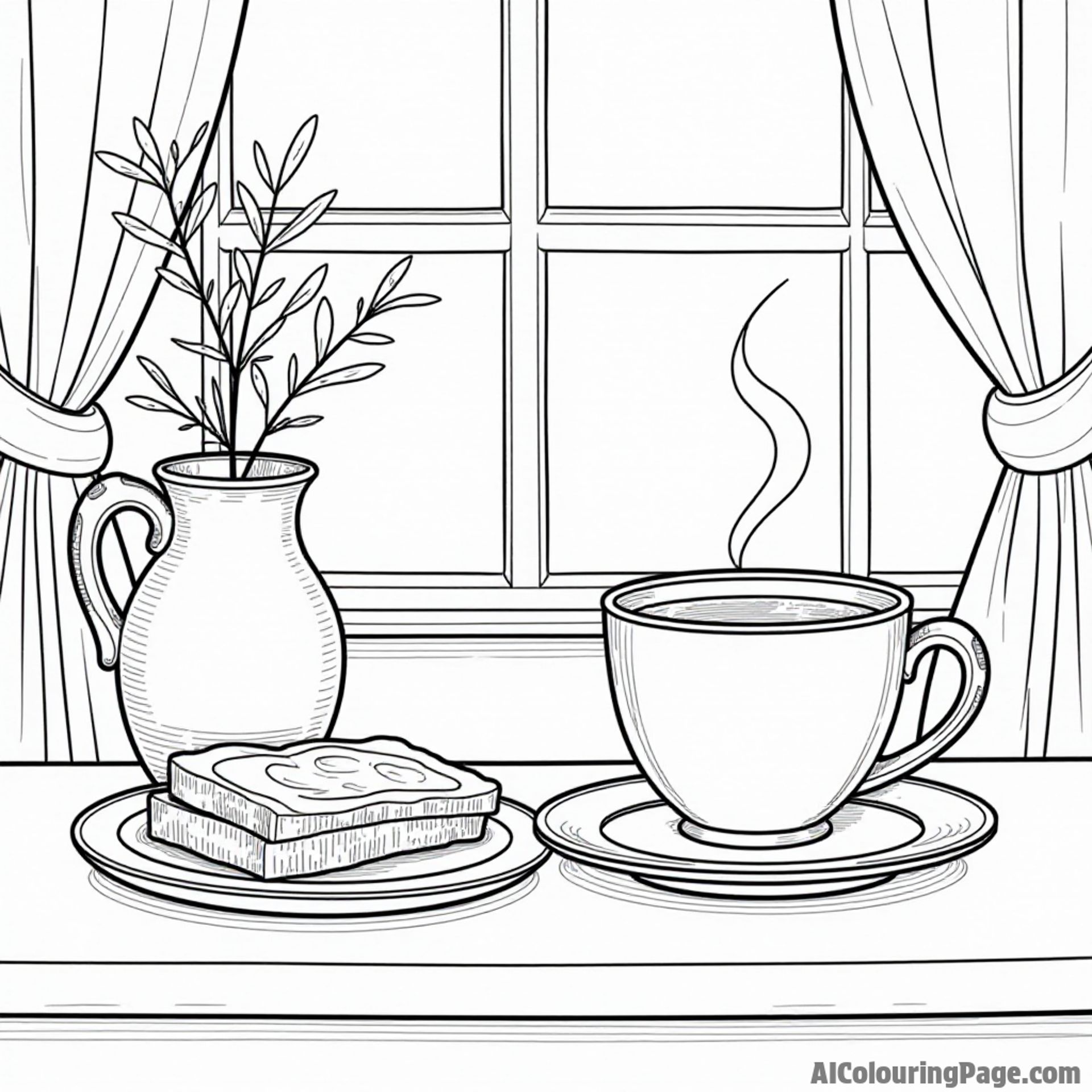 A cozy breakfast table set with toast, jam, and a steaming cup of cocoa, surrounded by cheerful morning sunlight.