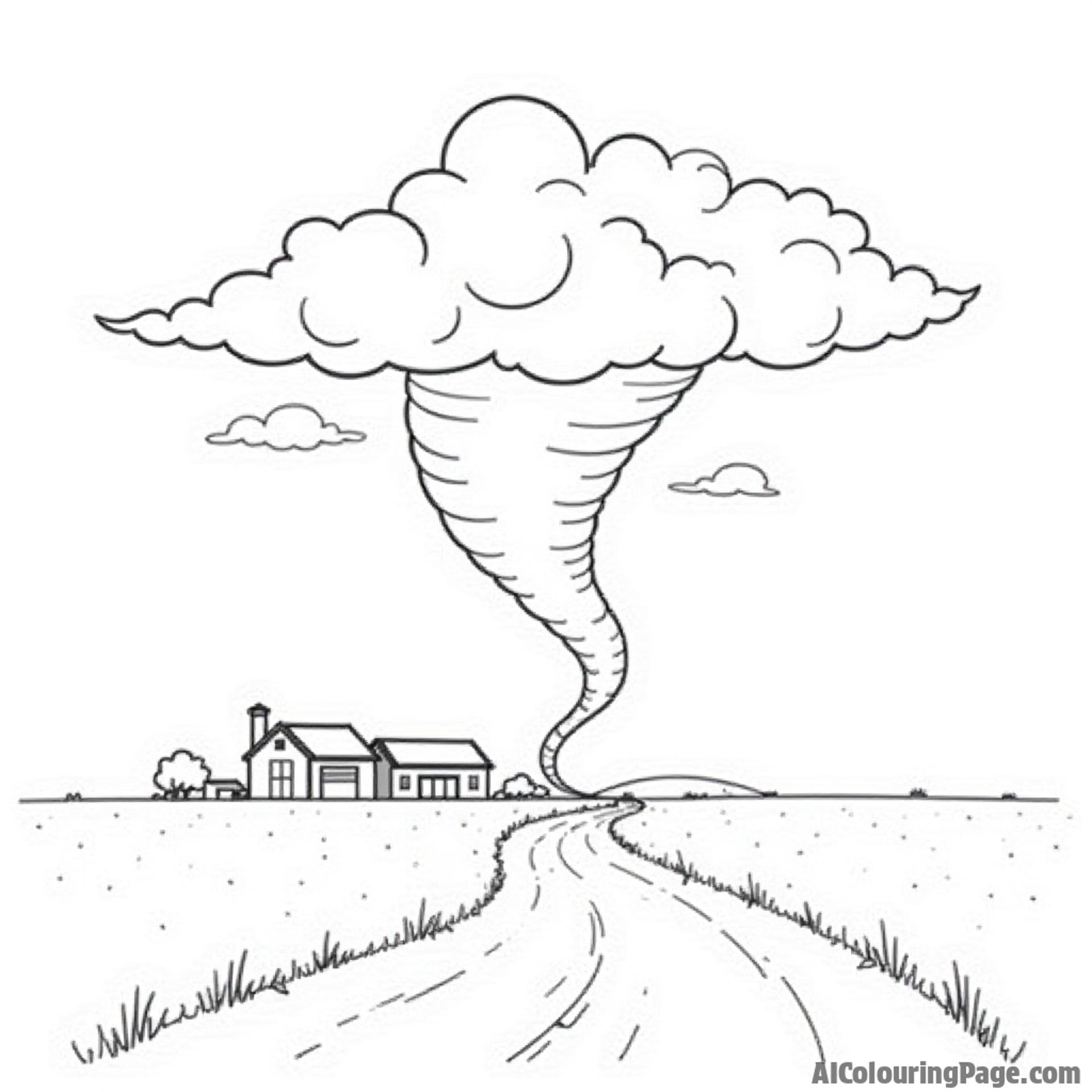 A tornado forming in the distance, with a farm and stormy clouds, providing an exciting Oklahoma scene for coloring.