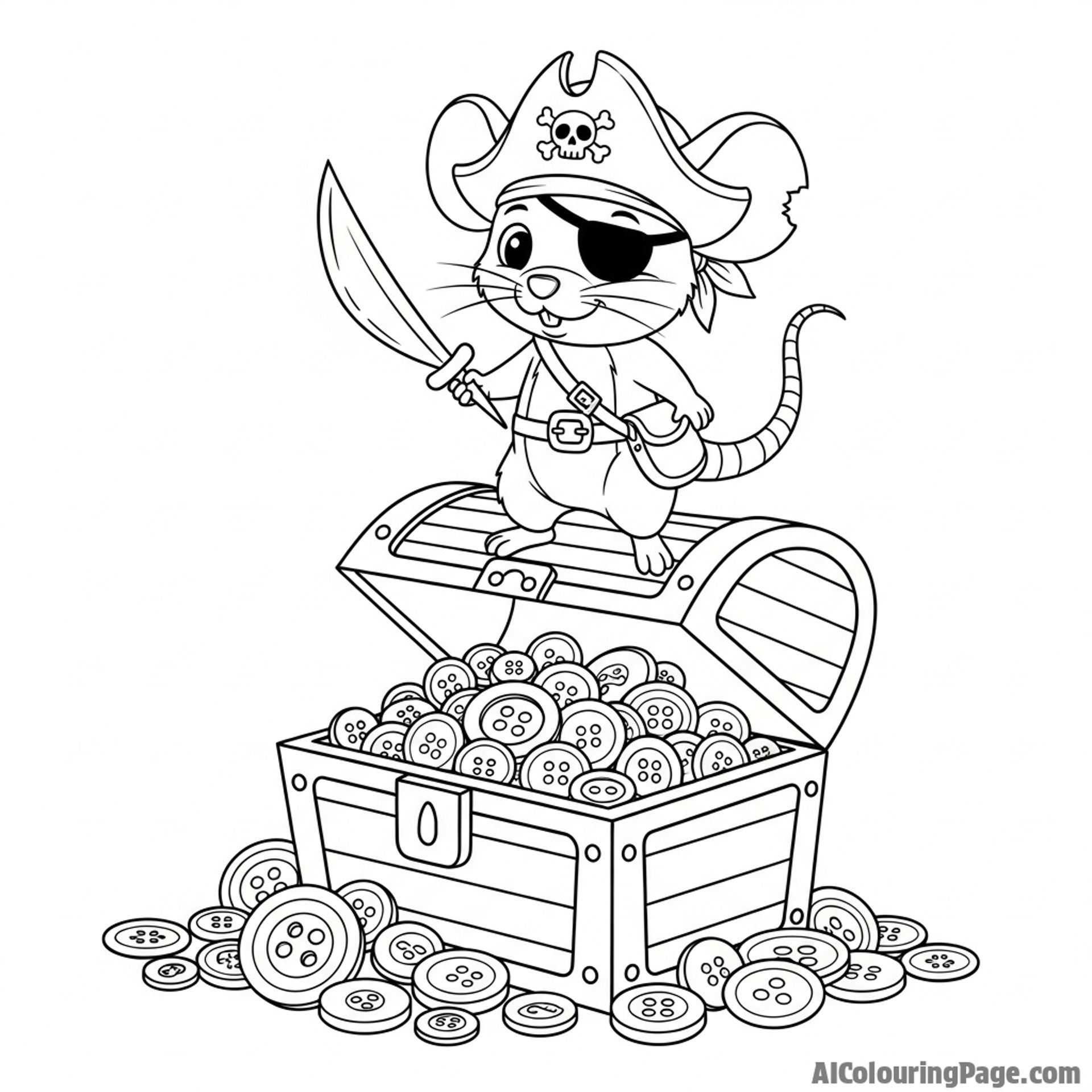A pirate mouse with a tiny eyepatch and a toothpick cutlass, standing on a treasure chest of buttons.