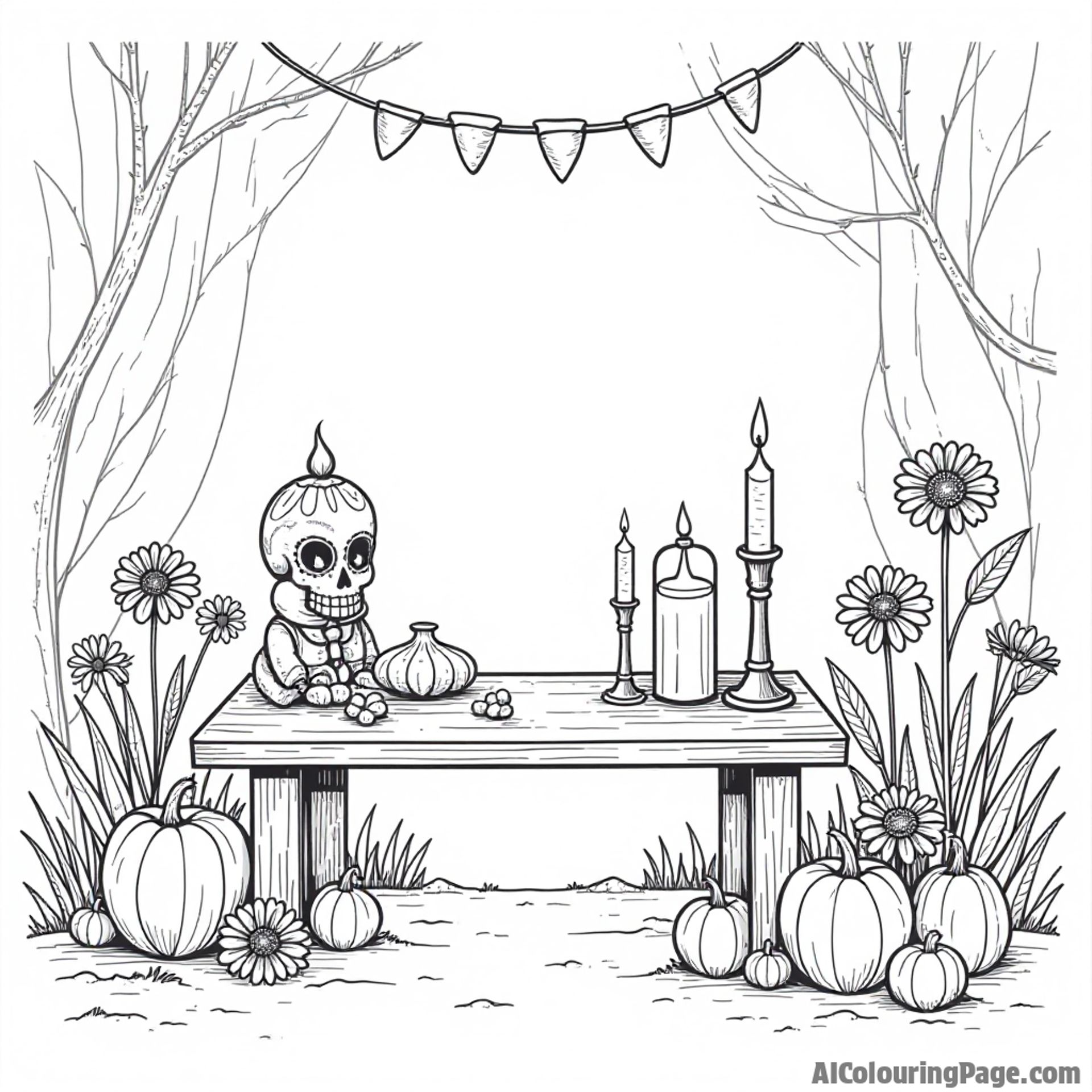 A cozy altar scene with a cozy bench, candles, and marigolds, inviting children to color and reflect on the importance of honoring loved ones during Day of the Dead.