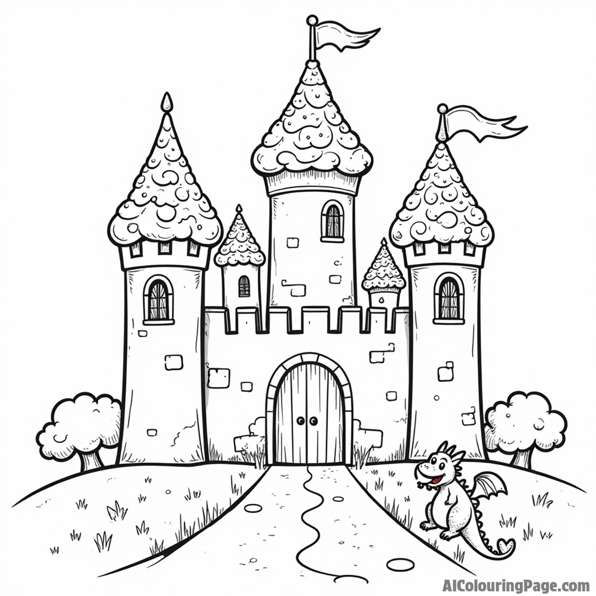 A cupcake castle with cupcake towers, candy drawbridges, and a friendly dragon guarding the entrance.