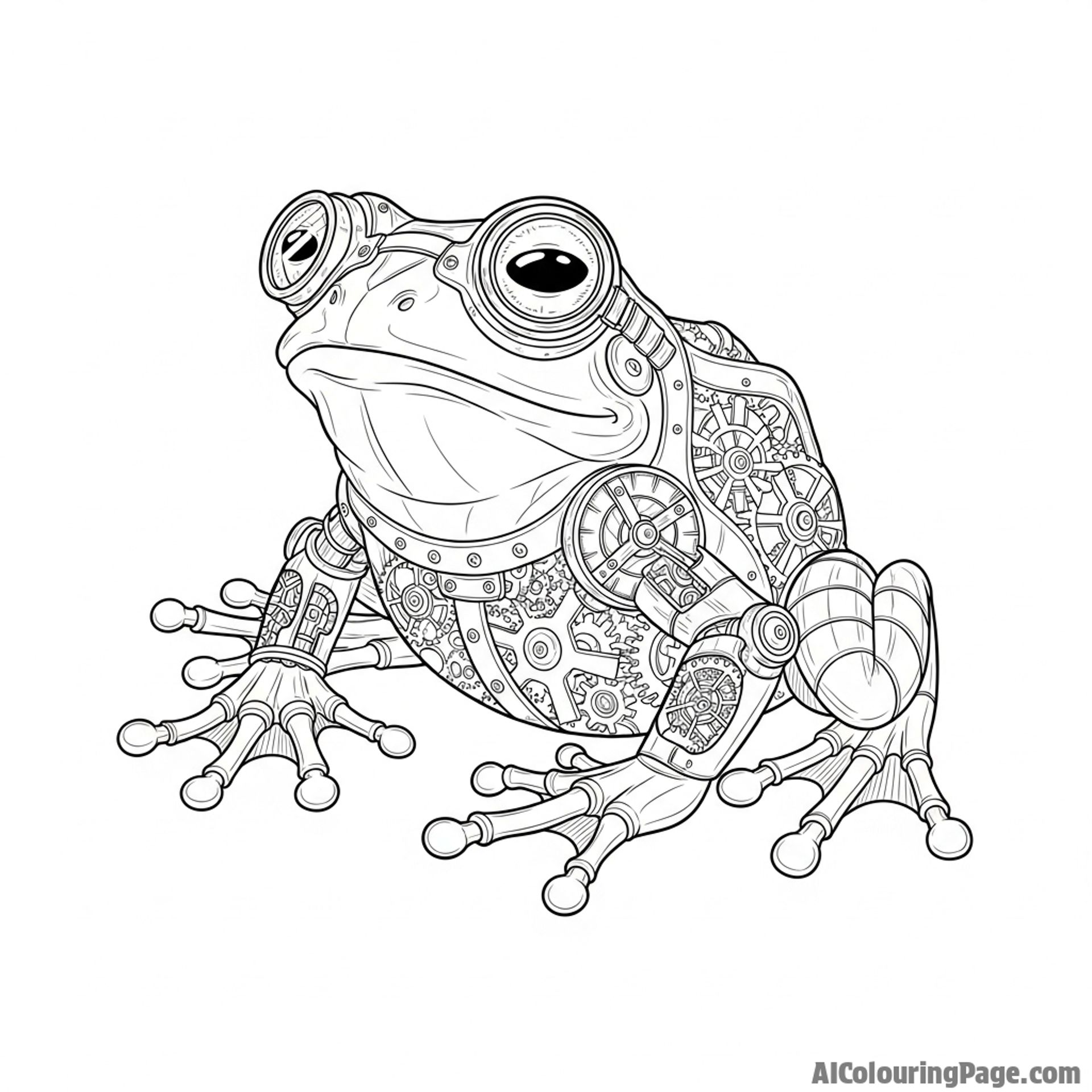 A steampunk frog with brass gears and clockwork limbs.