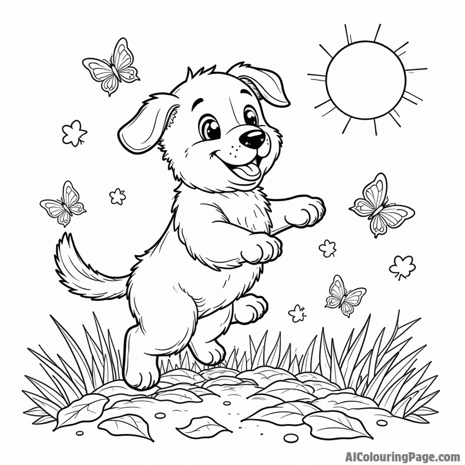 A playful dog jumping through a pile of leaves, with butterflies fluttering around and a bright sun in the sky.