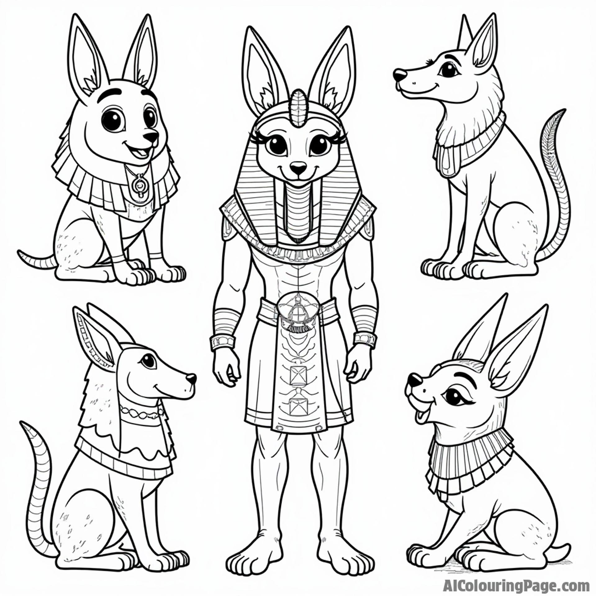 Anassortment of ancient Egyptian gods, such as Anubis and Ra, in a fun, cartoonish style, showcasing their unique features and symbols, inviting kids to dive into mythology and history.