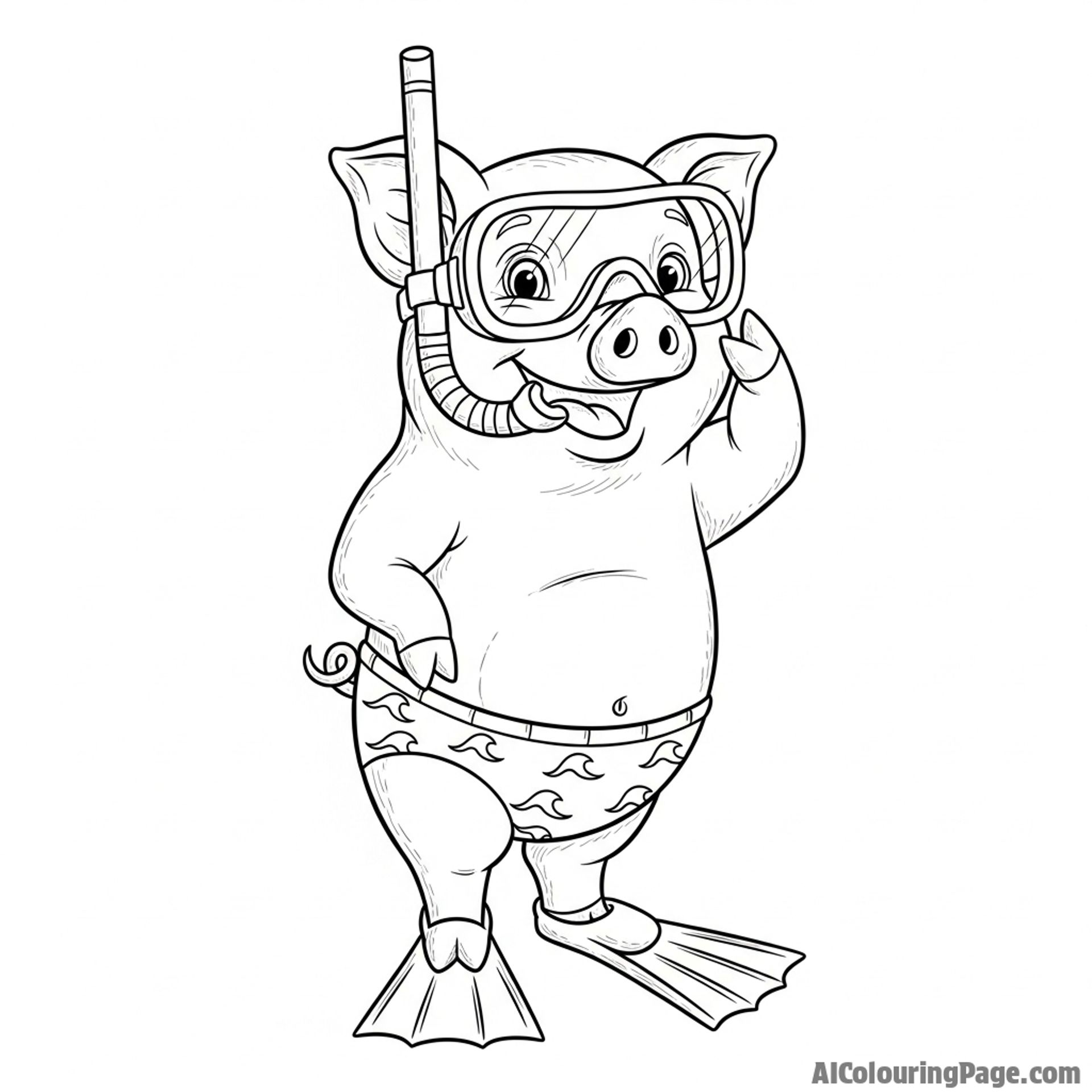 A pig wearing a snorkel and fins, ready for an underwater adventure.