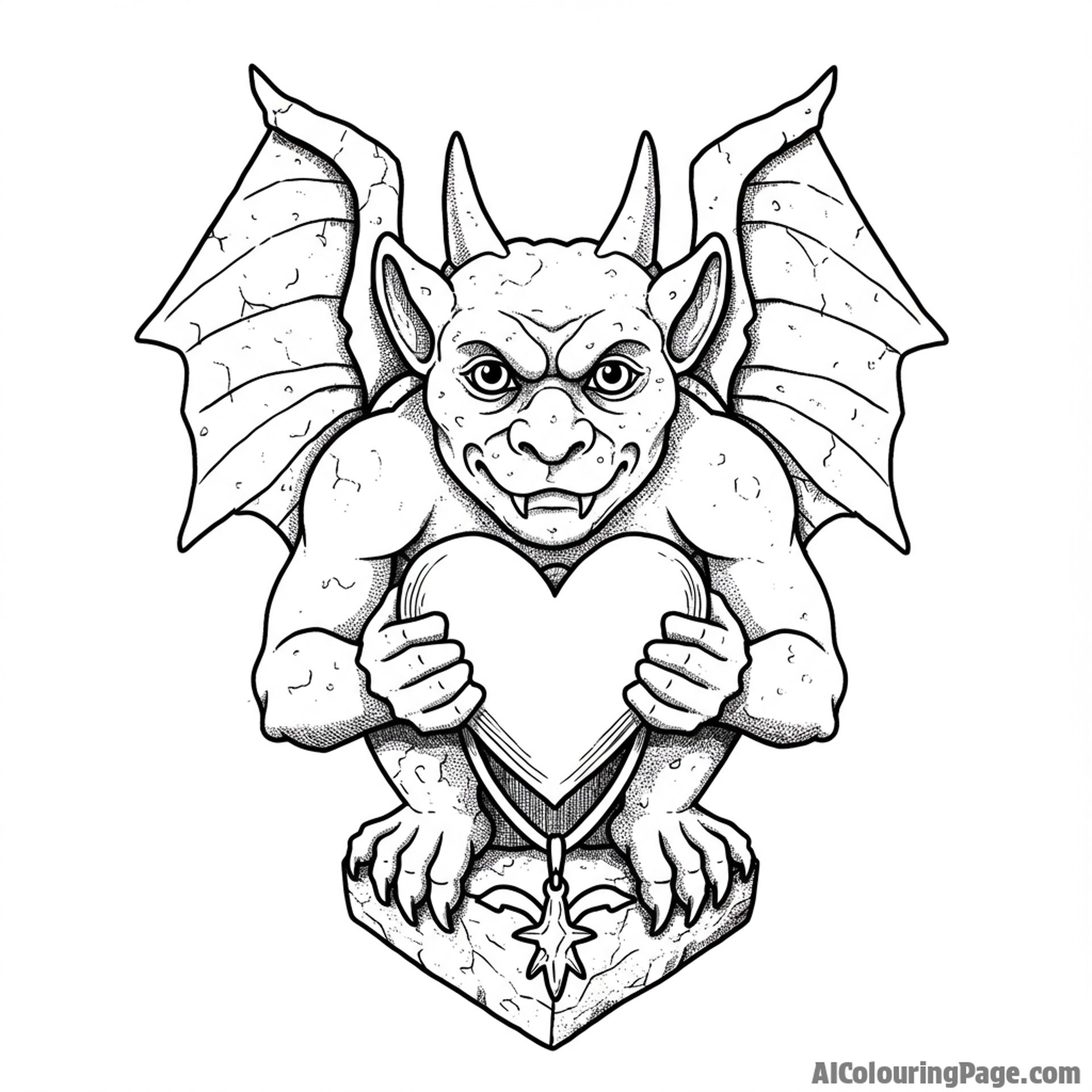 A stone gargoyle clutching a heart-shaped amulet.
