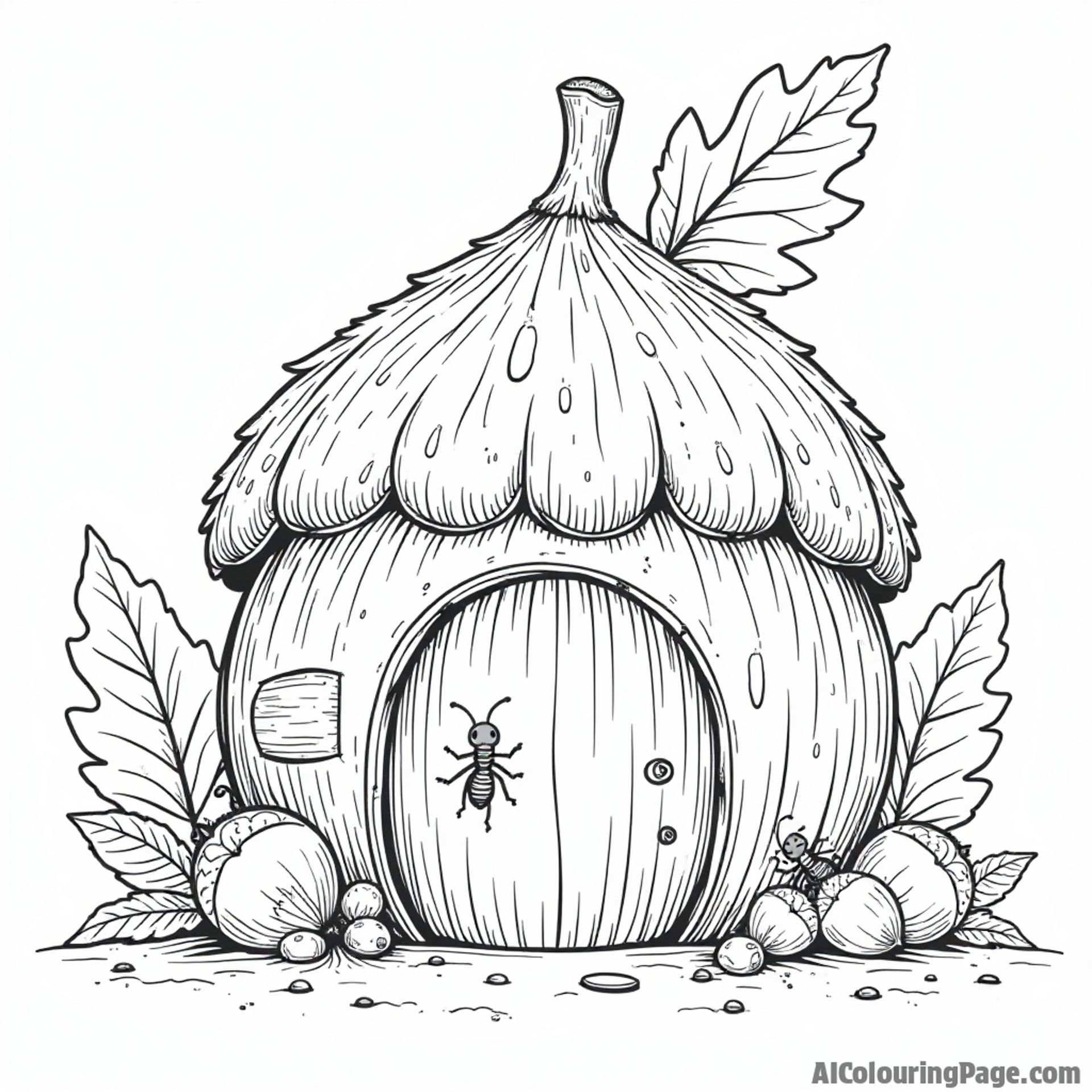 A cozy ant house made of acorns and leaves, with little ants peeking out, perfect for creative coloring fun.