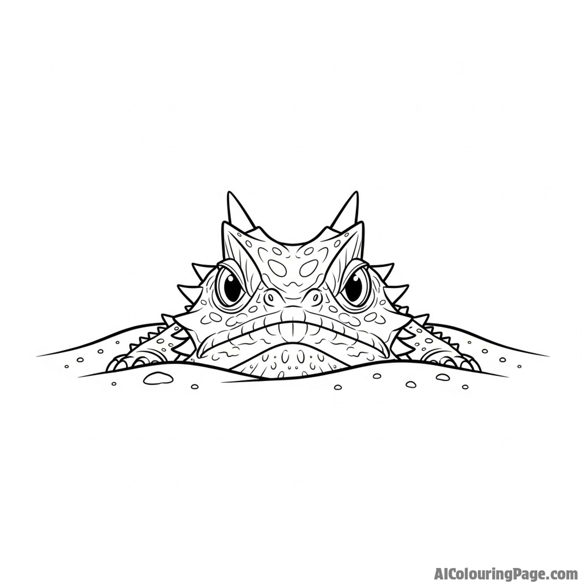 A horned lizard half-buried in sand, only its head and eyes visible.