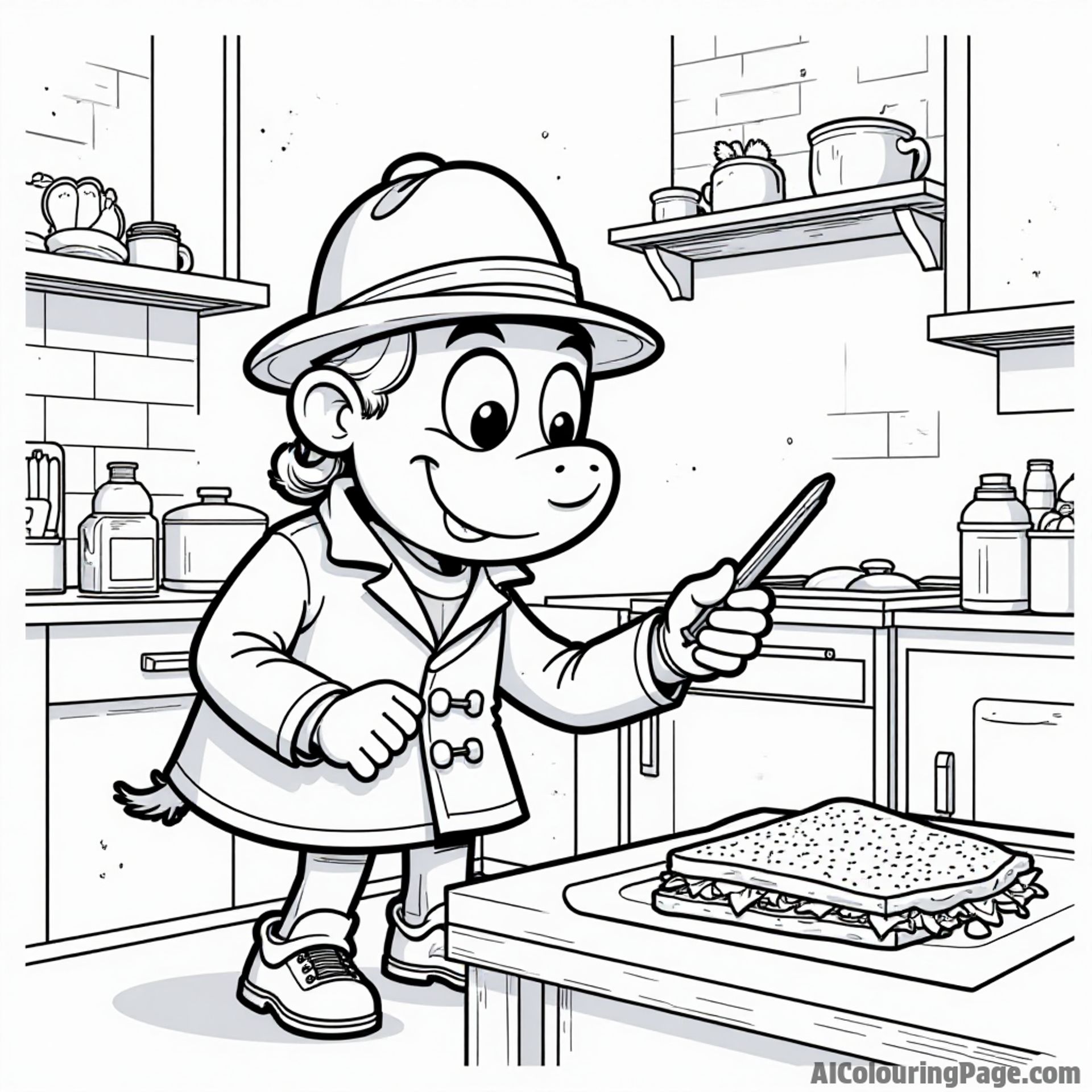 A cartoon sandwich detective solving the mystery of the missing mustard in a bustling kitchen scene.