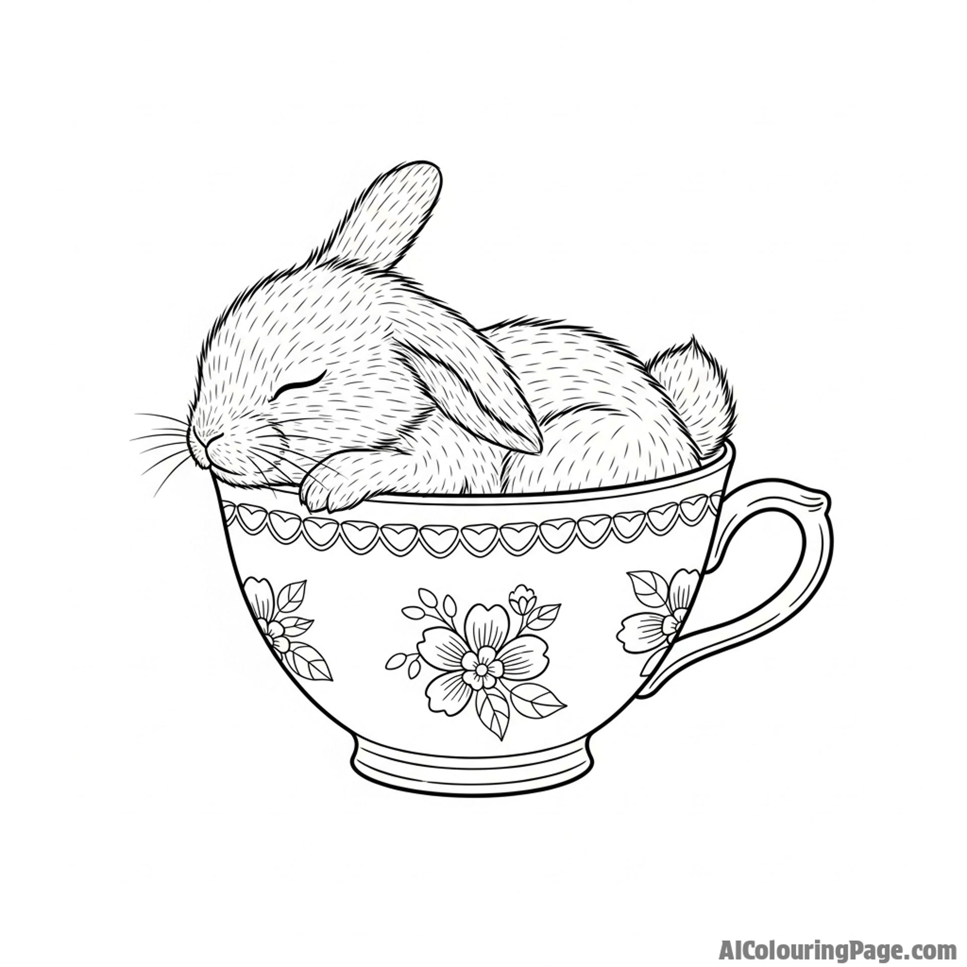 A tiny bunny sleeping soundly inside a porcelain teacup.