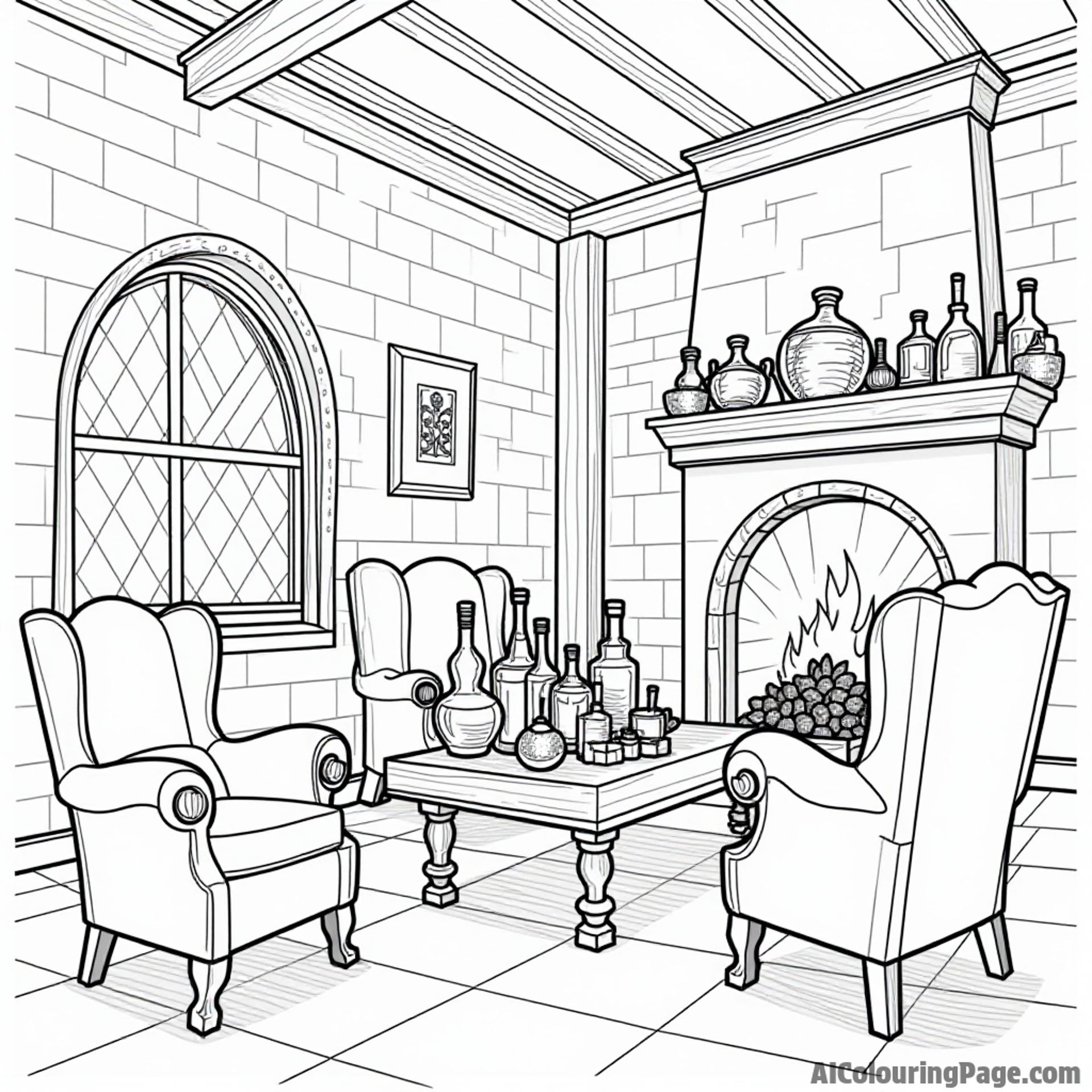 A cozy common room with a fireplace, armchairs, and a table filled with potions and spell ingredients.