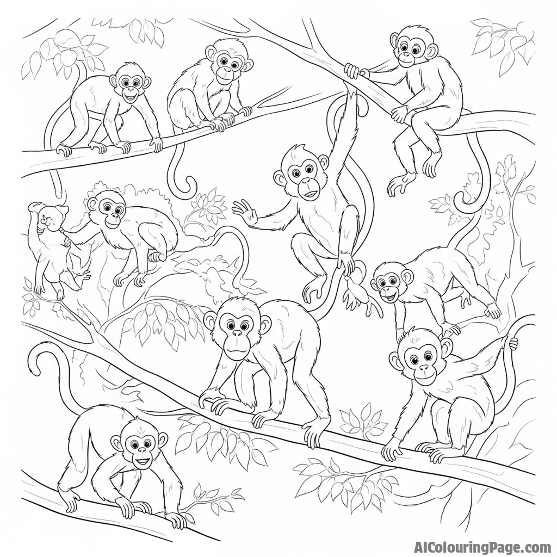 A troop of monkeys swinging through the branches, their playful movements fluid.